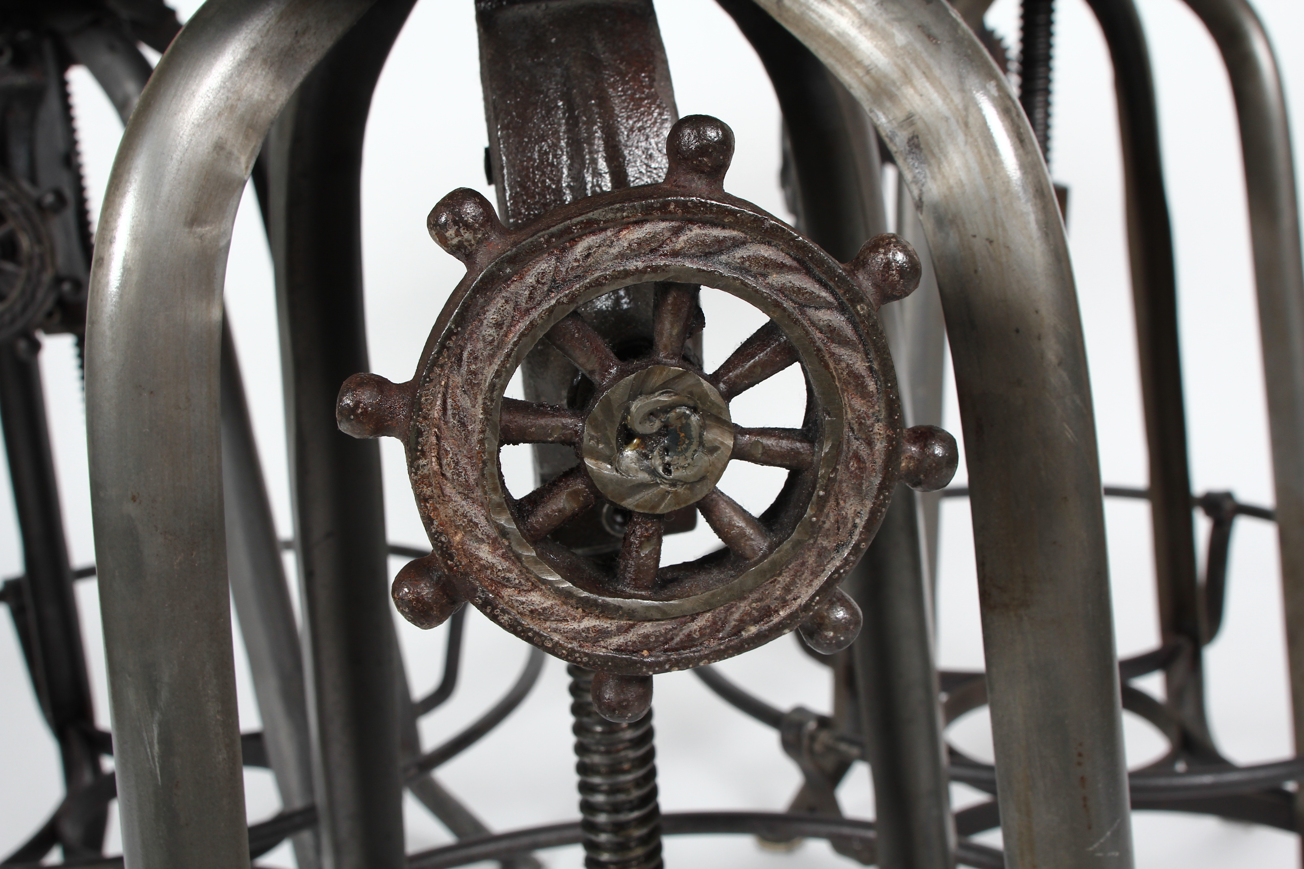 Three Steampunk Style Metal Bar Stools
