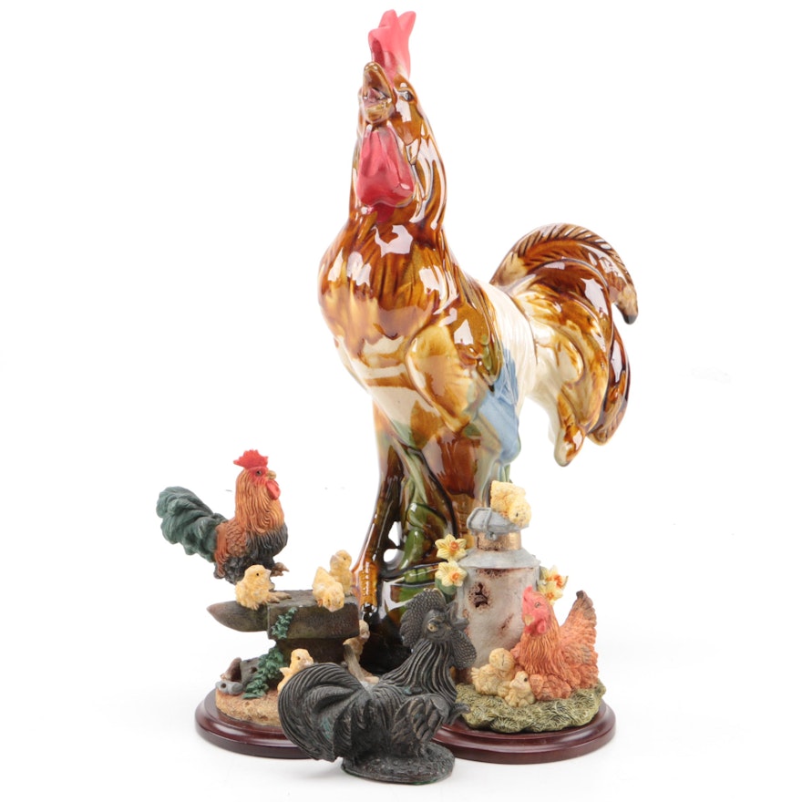 Ceramic and Metal Rooster Figurines
