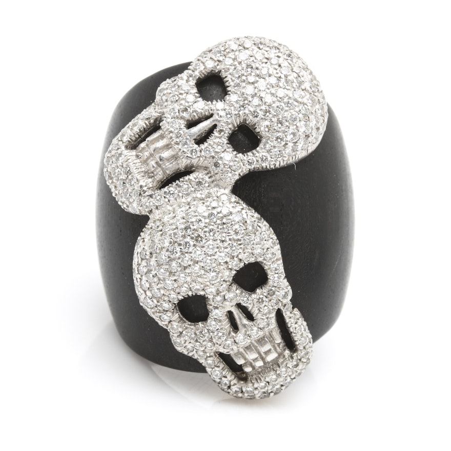 18K White Gold and Wood 2.70 CTW Diamond Skull Ring