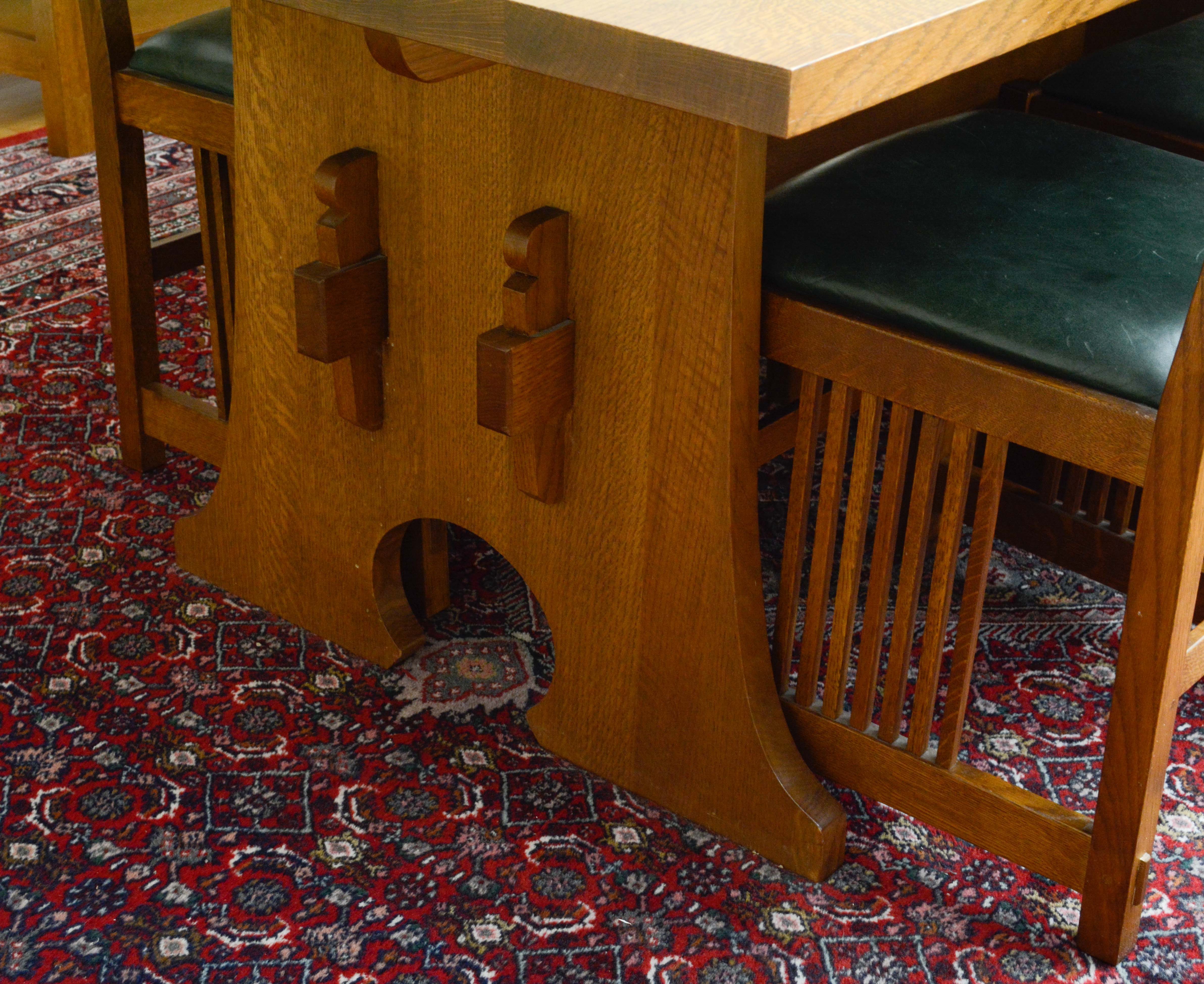 Stickley Mission Style Oak Dining Table and Leather Upholstered Side Chairs