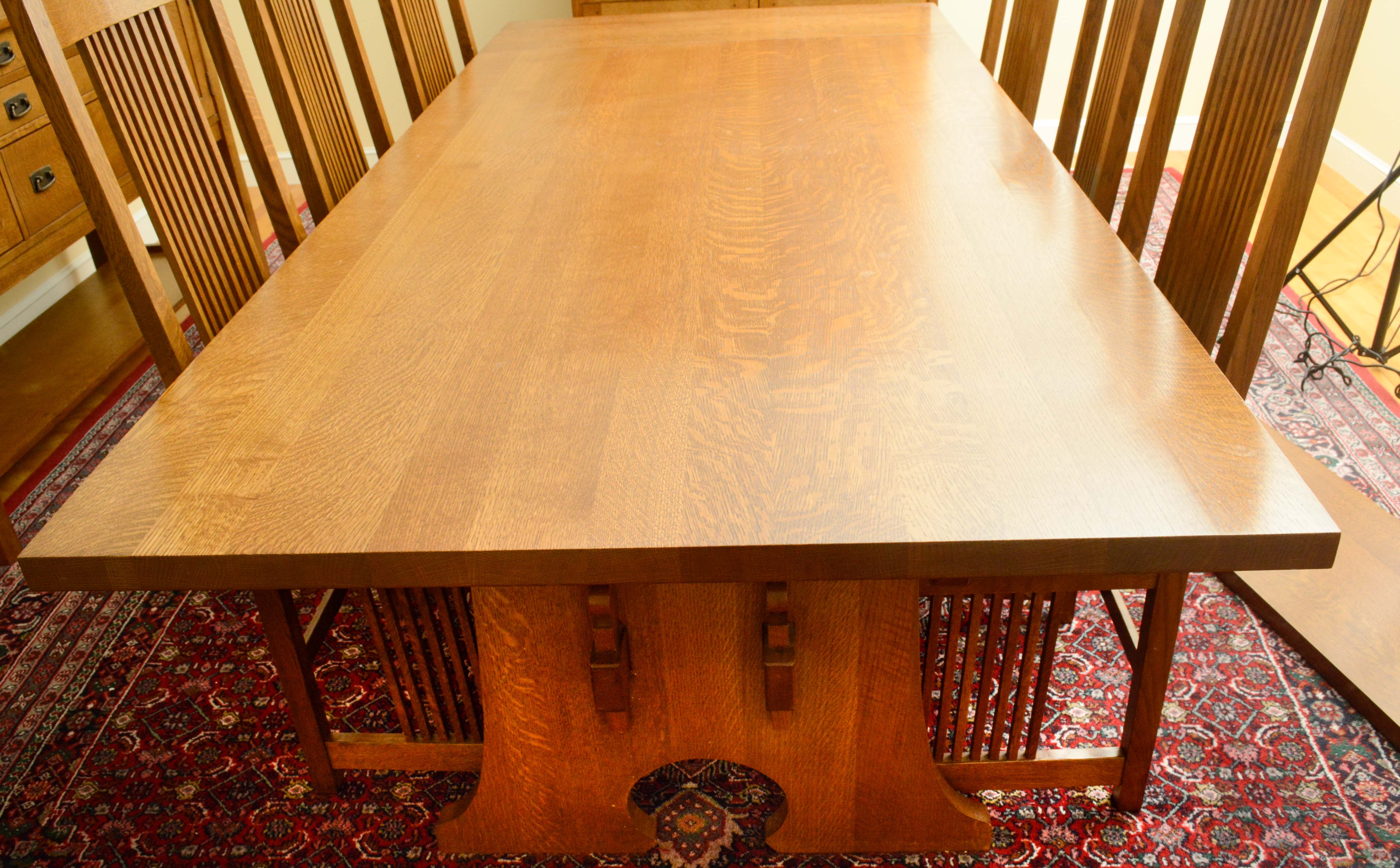 Stickley Mission Style Oak Dining Table and Leather Upholstered Side Chairs