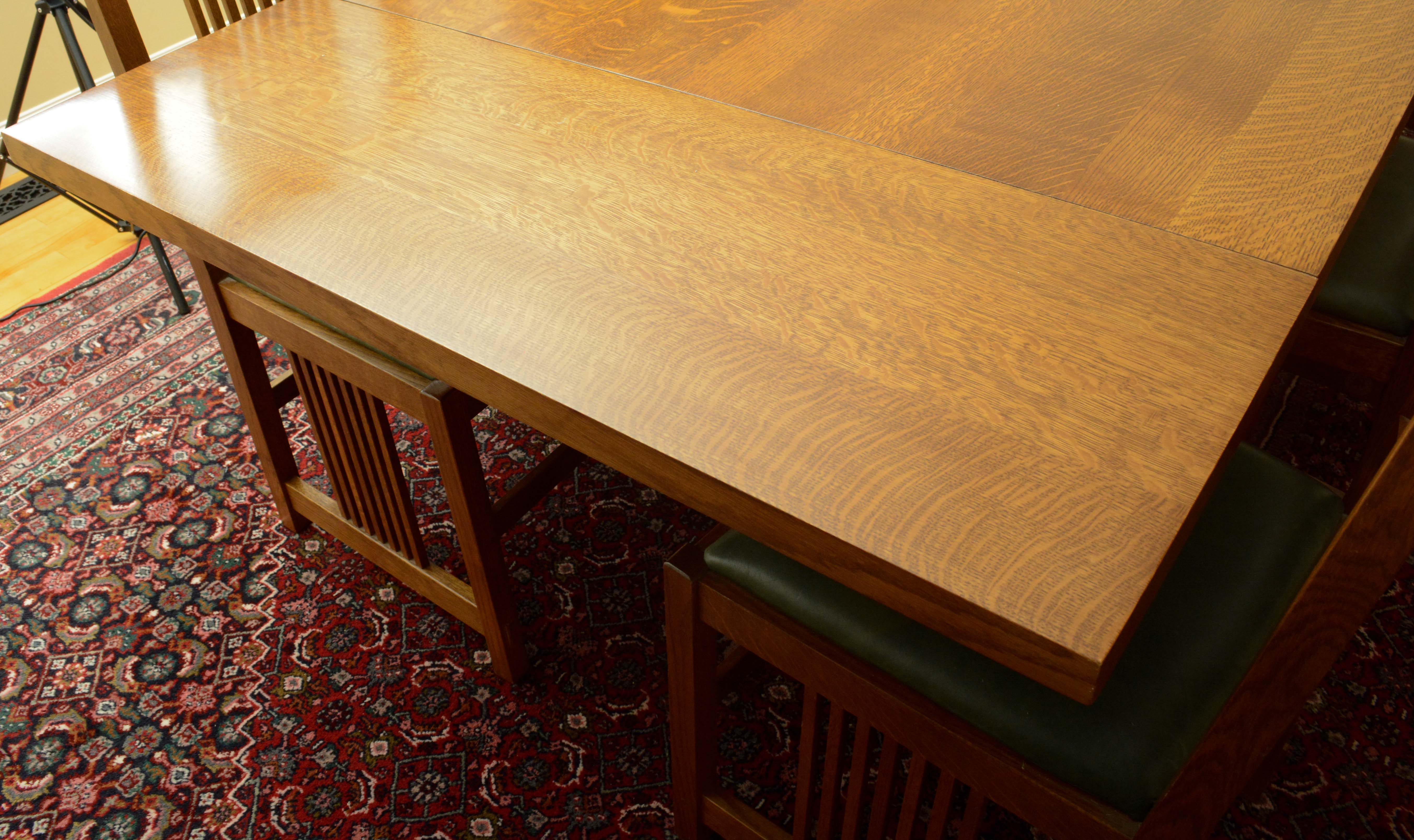 Stickley Mission Style Oak Dining Table and Leather Upholstered Side Chairs