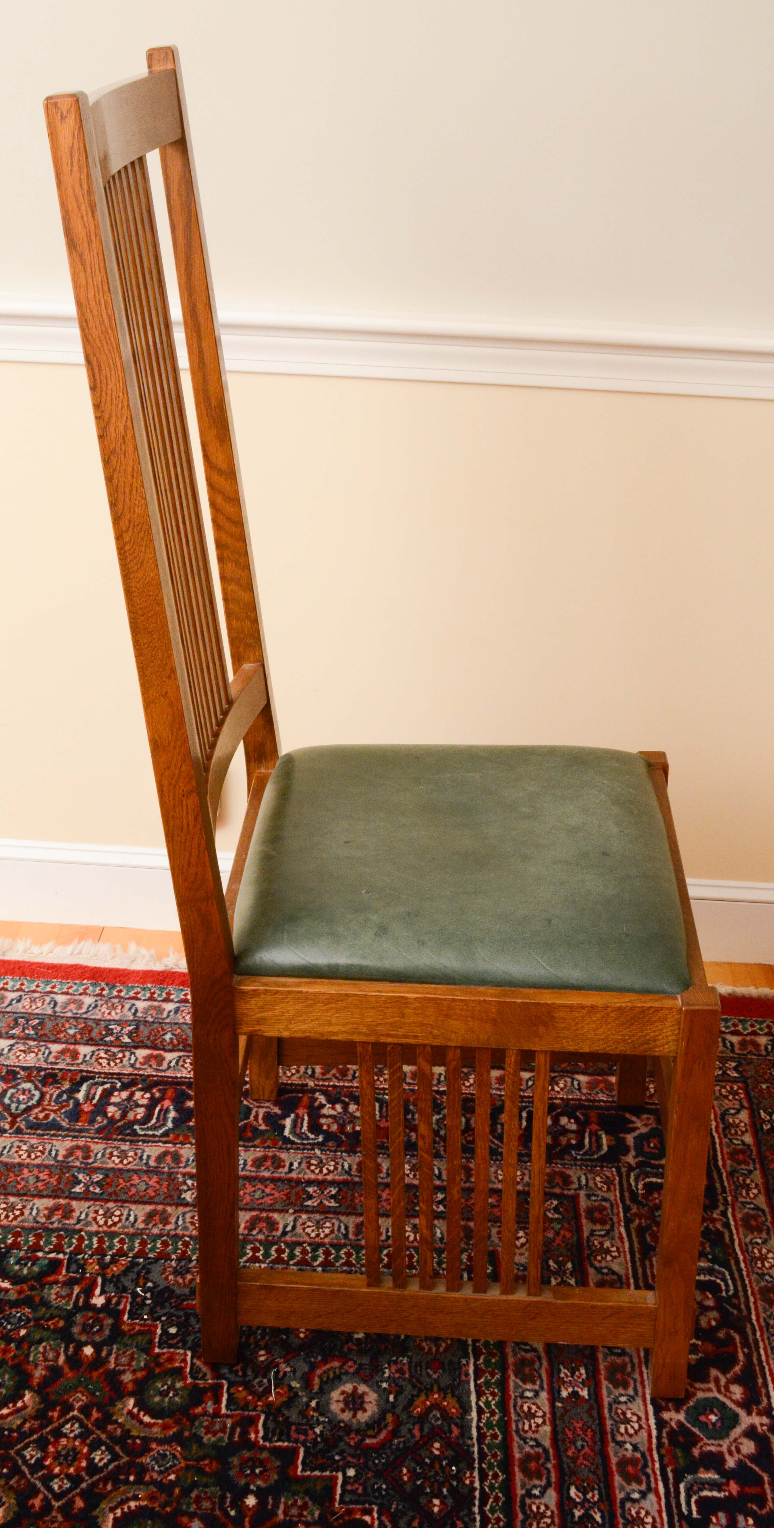 Stickley Mission Style Oak Dining Table and Leather Upholstered Side Chairs