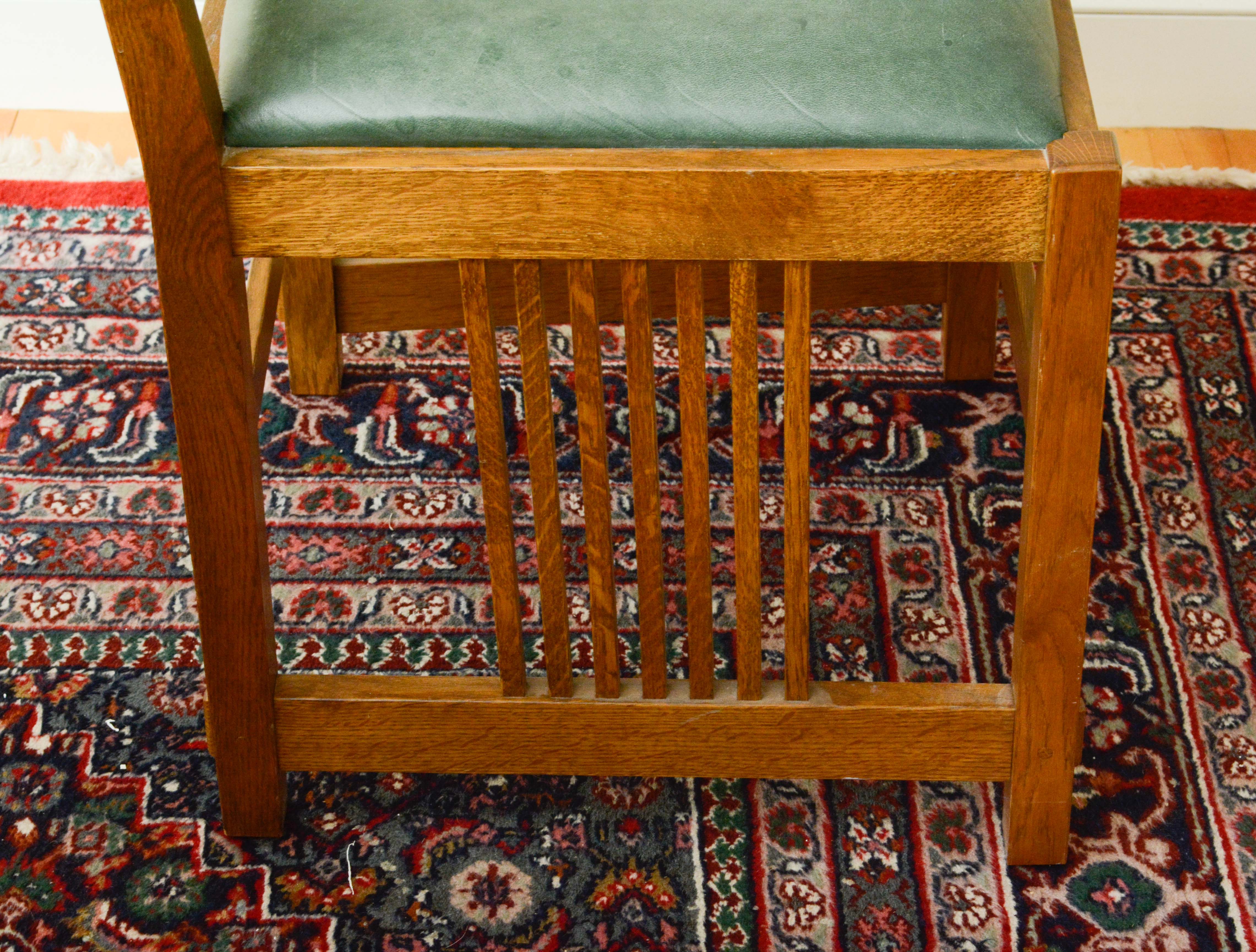 Stickley Mission Style Oak Dining Table and Leather Upholstered Side Chairs