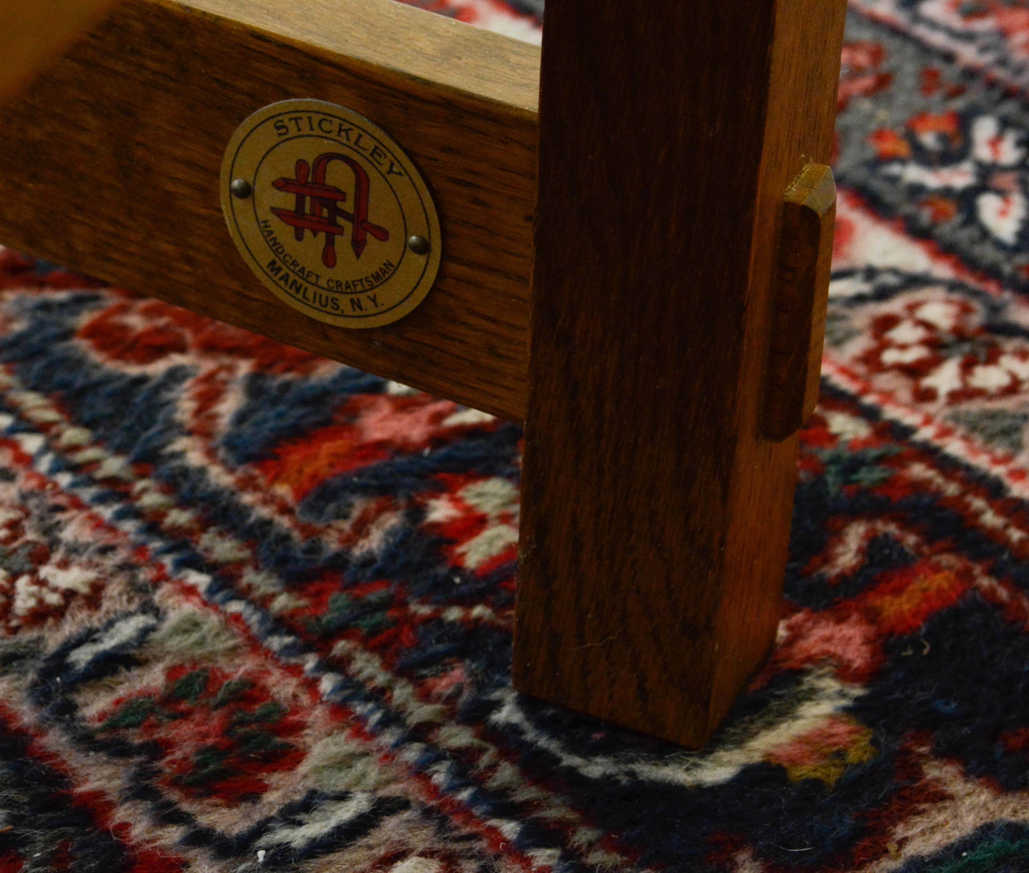 Stickley Mission Style Oak Dining Table and Leather Upholstered Side Chairs