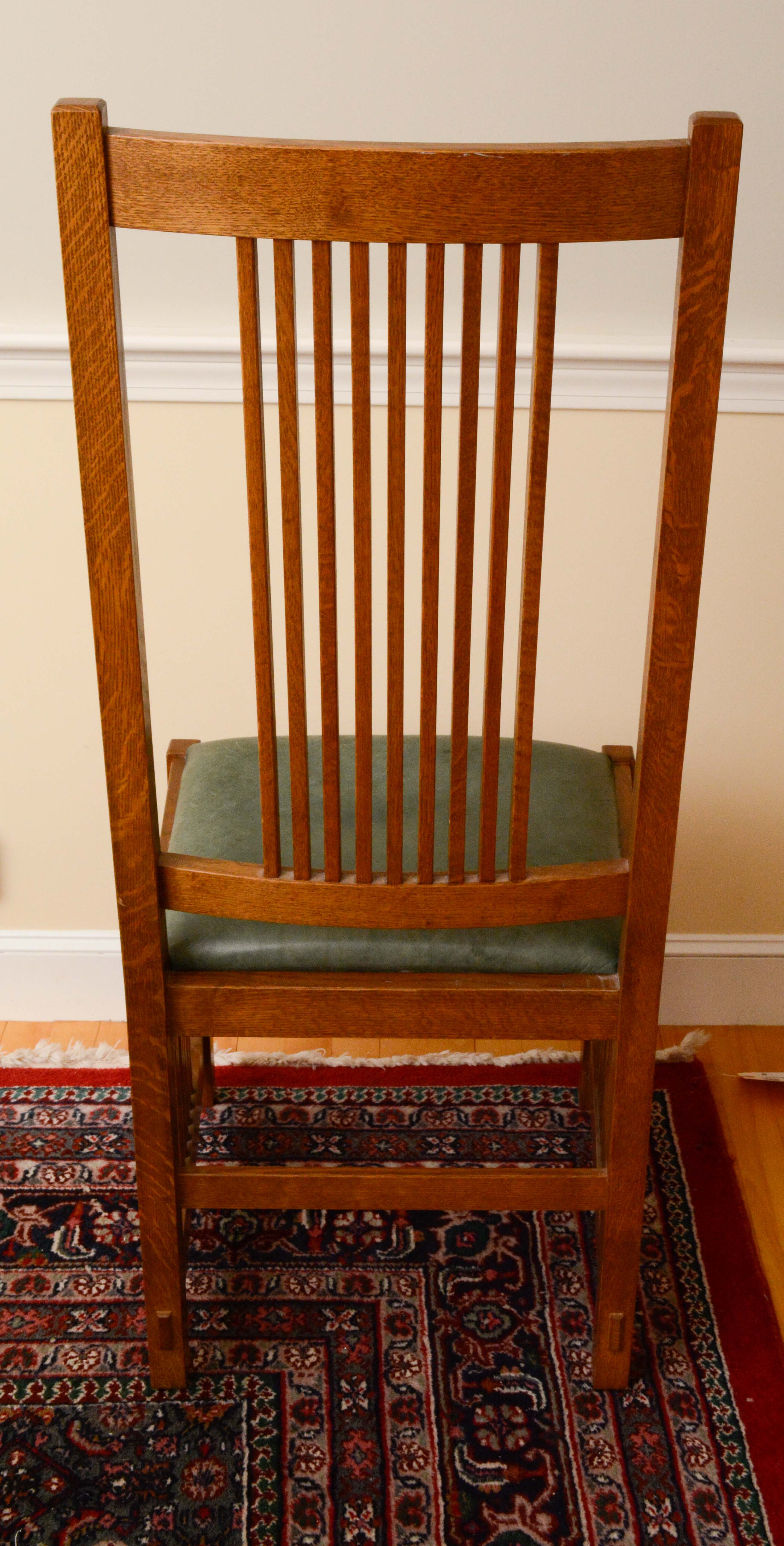 Stickley Mission Style Oak Dining Table and Leather Upholstered Side Chairs