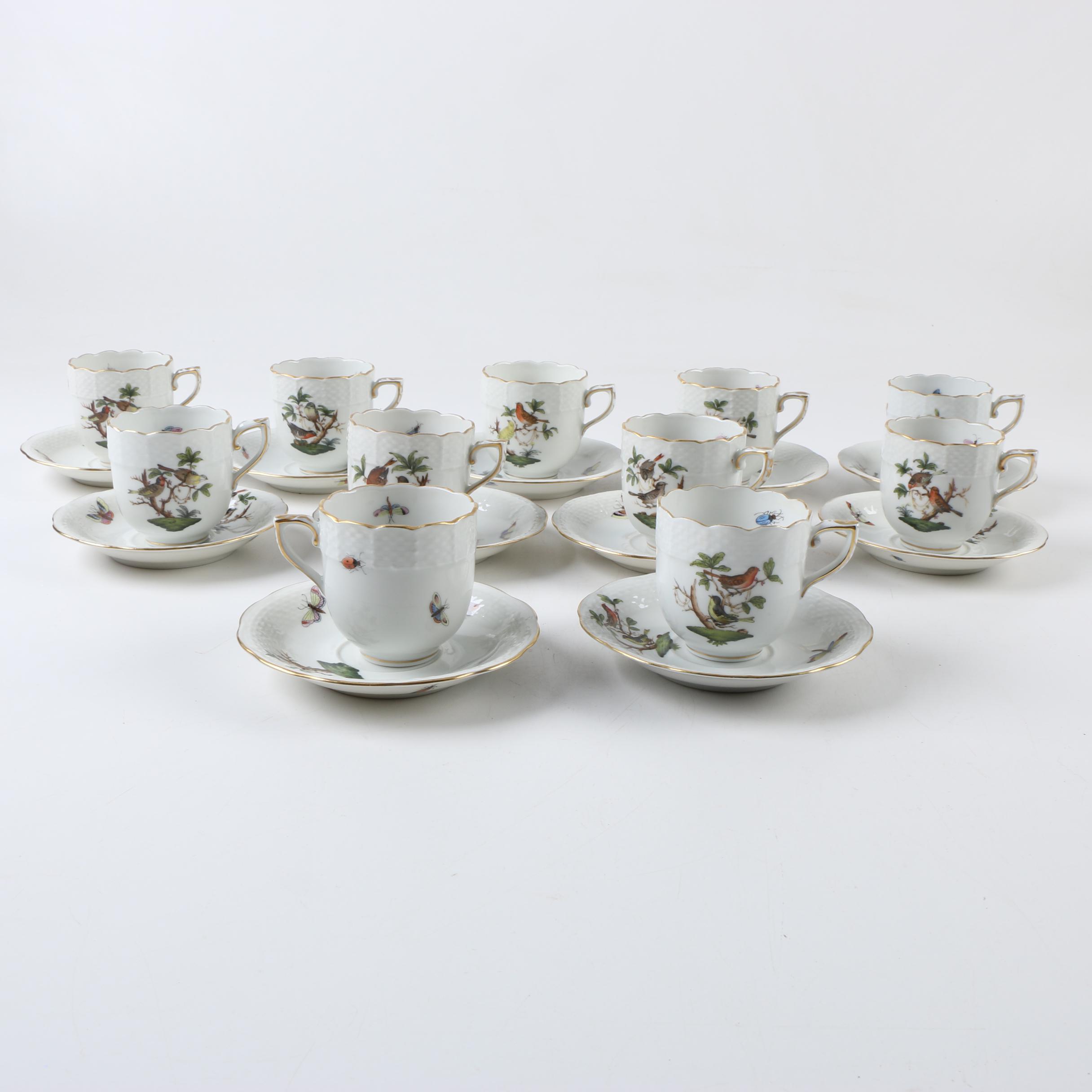 Herend Hungary "Rothschilds Bird" Porcelain Chocolate Cups and Saucers
