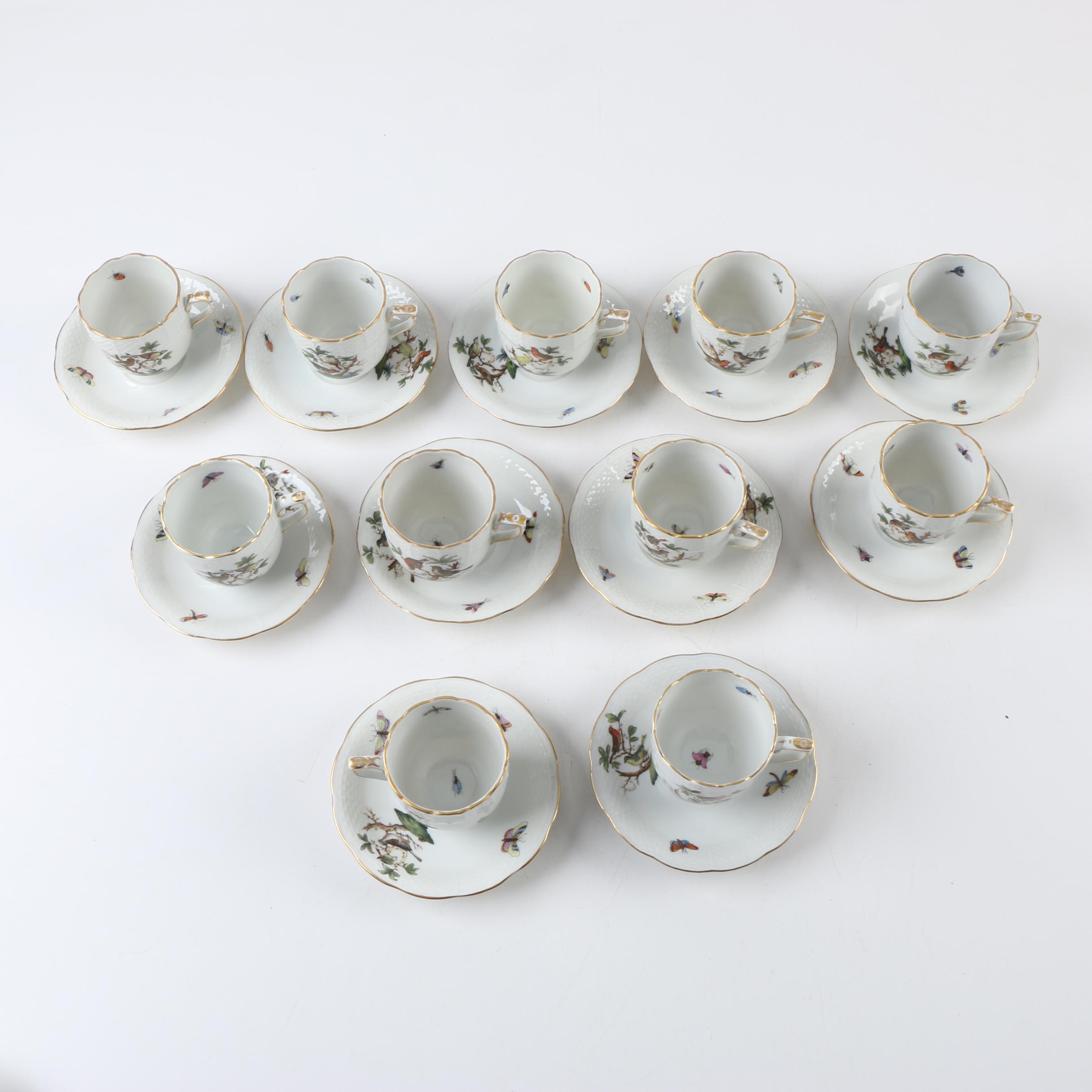 Herend Hungary "Rothschilds Bird" Porcelain Chocolate Cups and Saucers