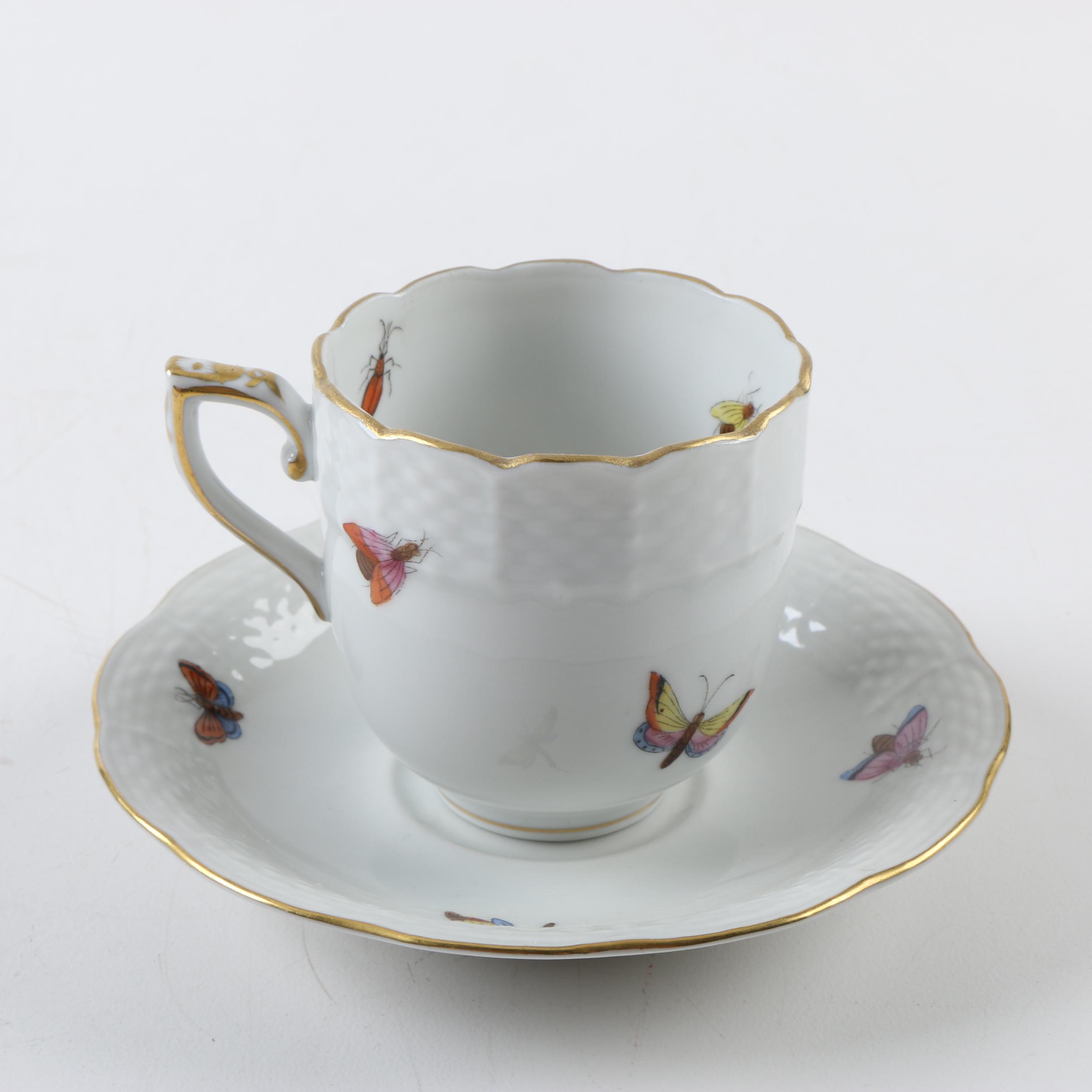 Herend Hungary "Rothschilds Bird" Porcelain Chocolate Cups and Saucers