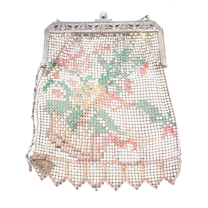 Early 20th Century Enameled Mesh Frame Purse in Floral Motif