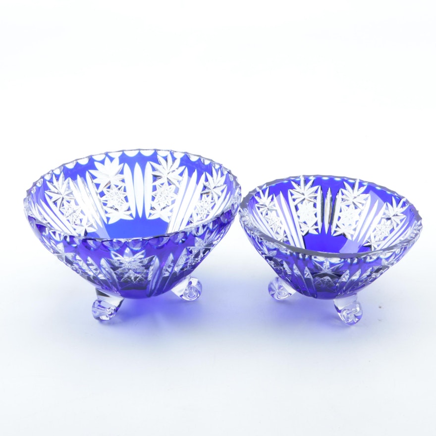 Cobalt Blue Cased Cut to Clear Crystal Footed Bowls