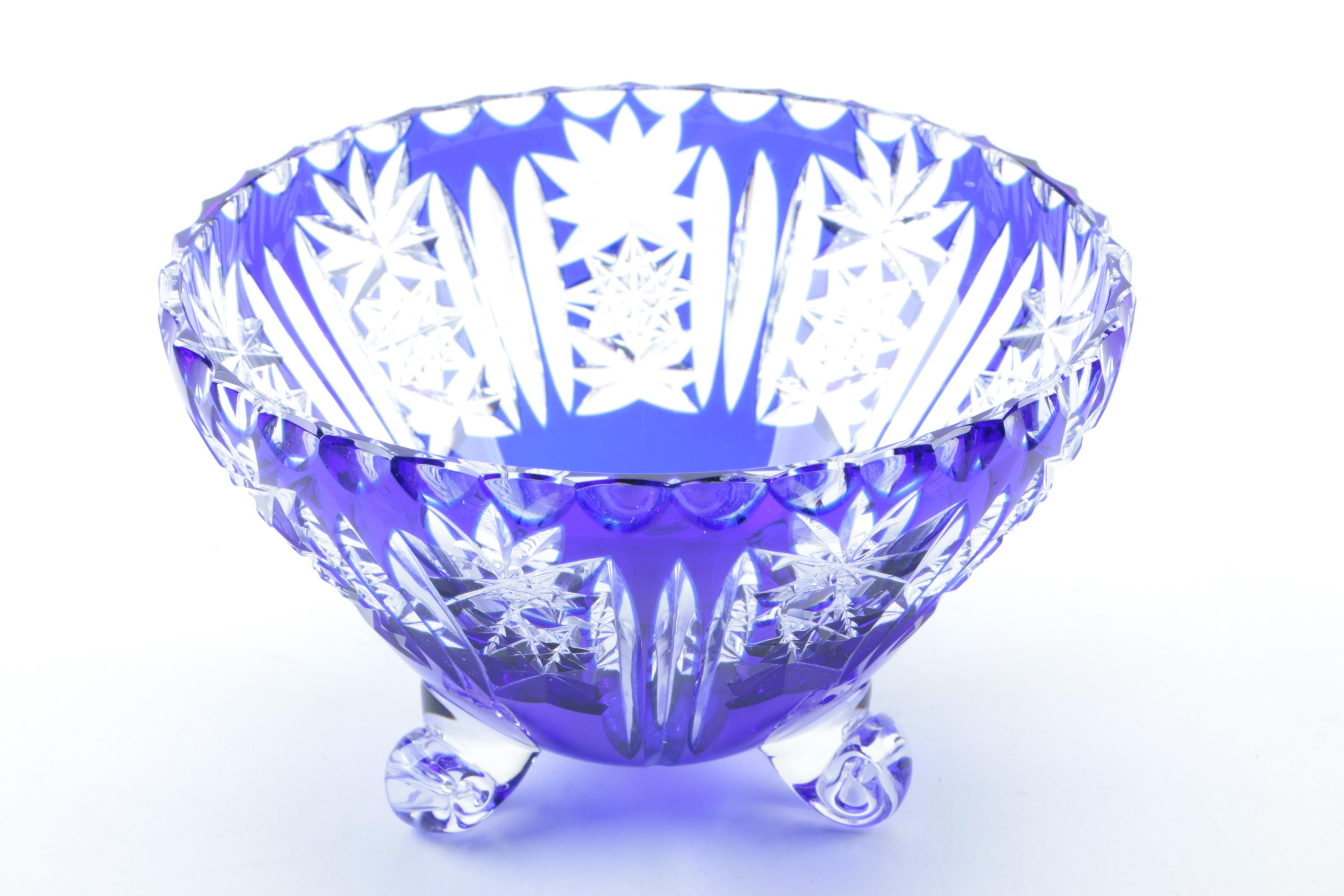 Cobalt Blue Cased Cut to Clear Crystal Footed Bowls