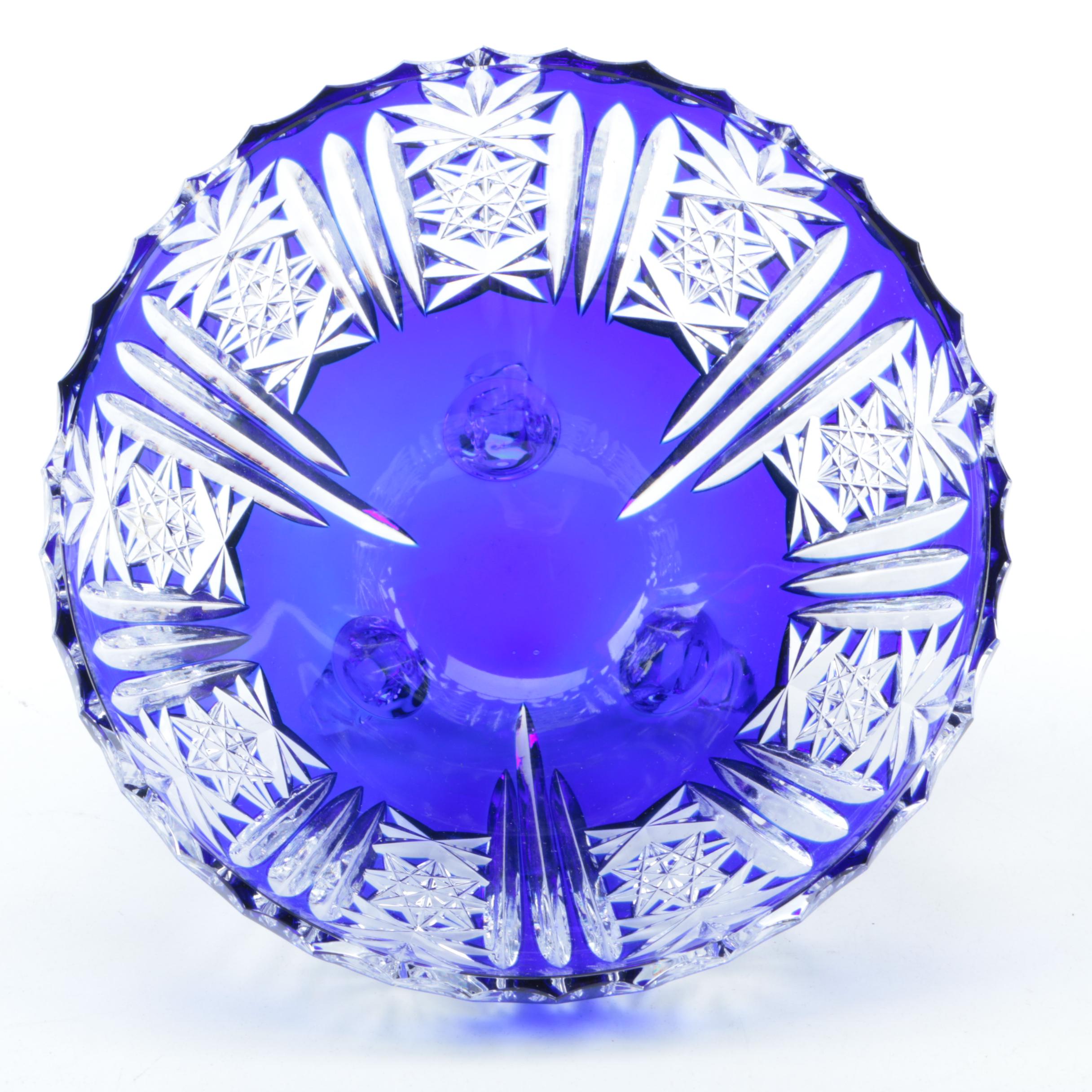 Cobalt Blue Cased Cut to Clear Crystal Footed Bowls