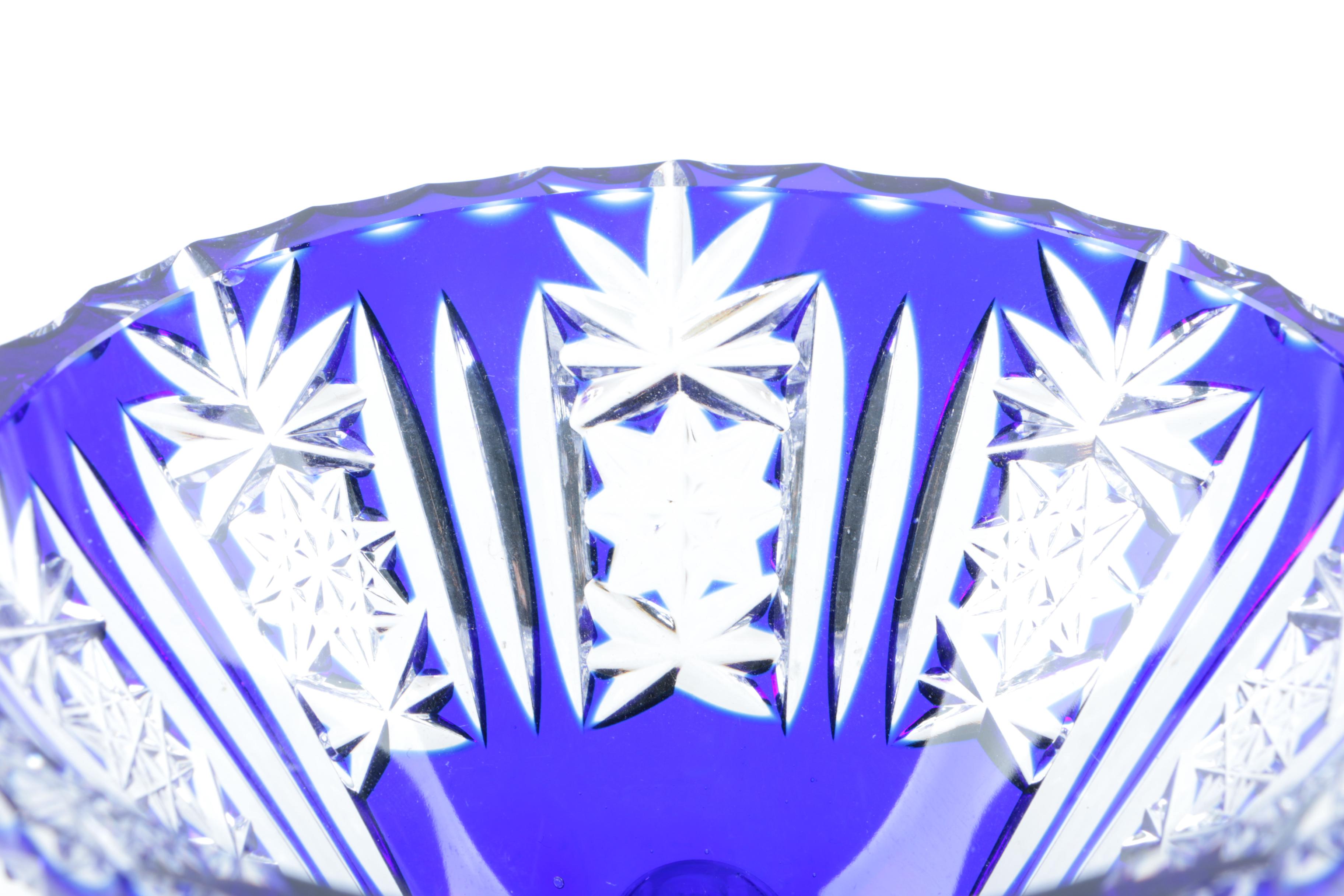 Cobalt Blue Cased Cut to Clear Crystal Footed Bowls