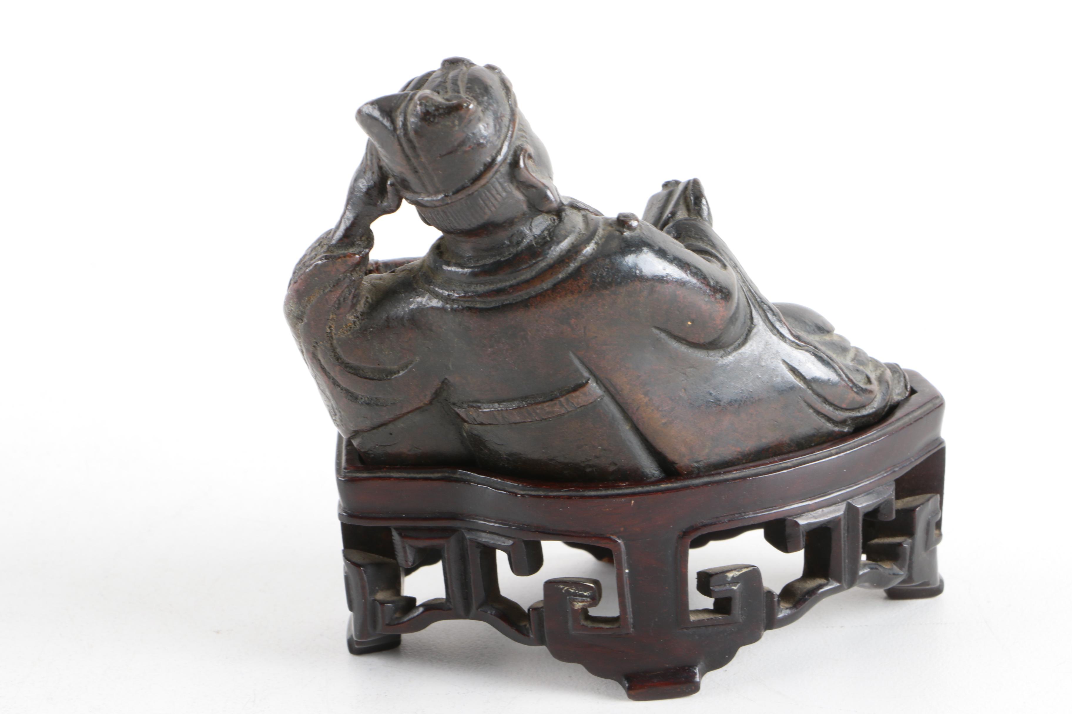 Chinese Cast Metal Reclining Figure on Wooden Base