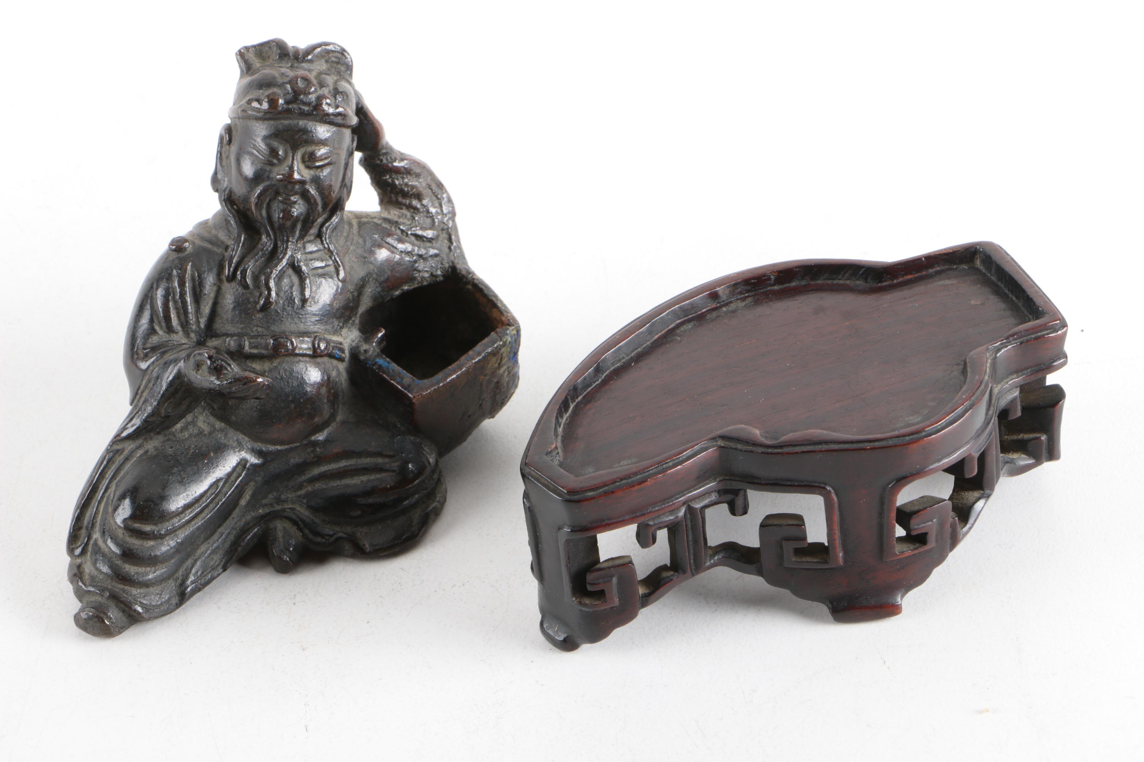 Chinese Cast Metal Reclining Figure on Wooden Base
