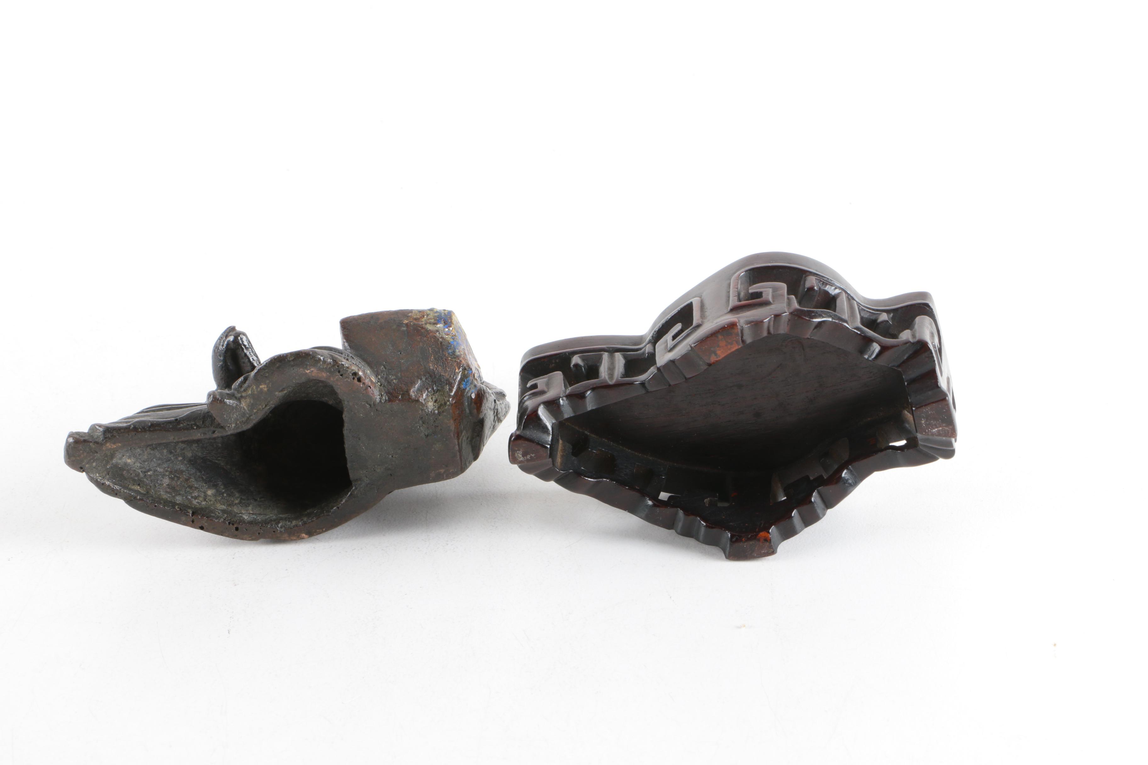 Chinese Cast Metal Reclining Figure on Wooden Base