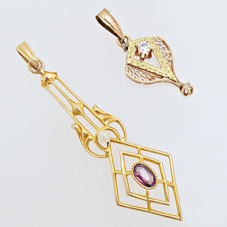 Antique 10K Yellow Gold, Garnet and Seed Pearl and 10K Gold Diamond Pendants