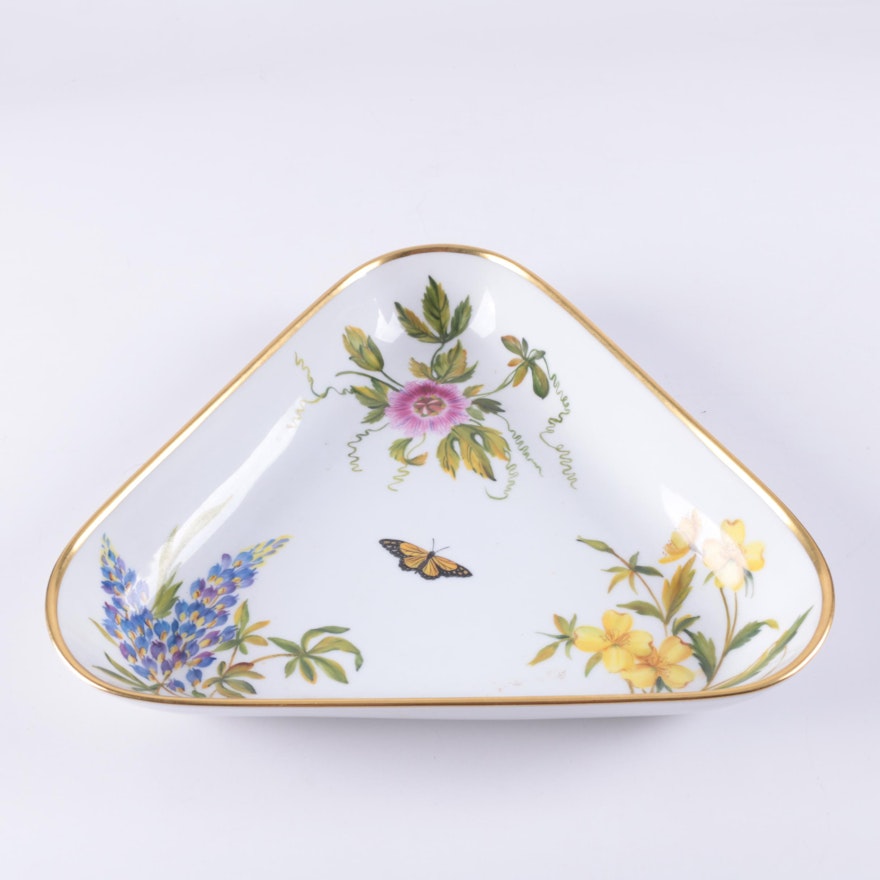 Herend Hungary Triangular Butterfly and Floral Porcelain Bowl