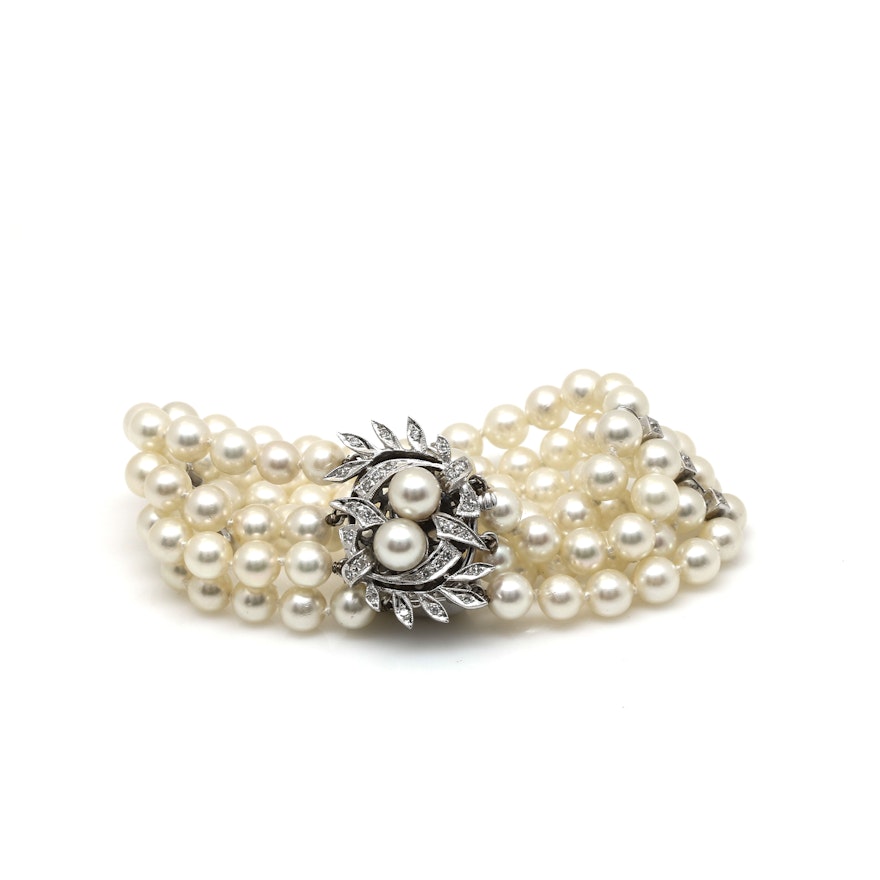 14K White Gold Cultured Pearl and Diamond Bracelet