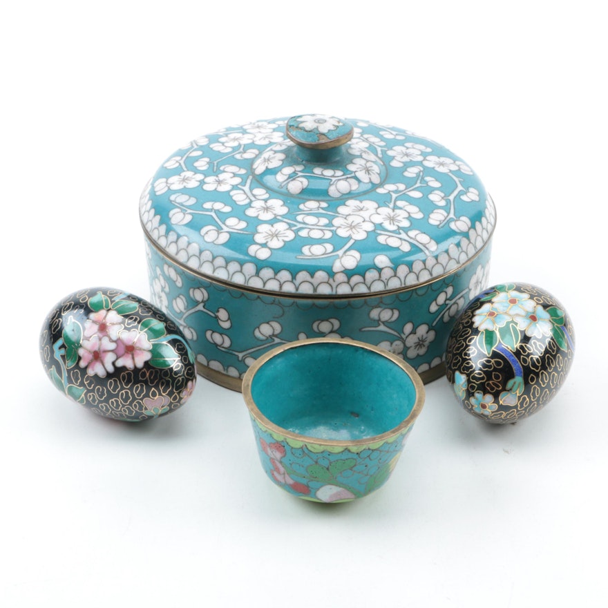 Chinese Cloisonné Covered Box, Eggs and a Cup