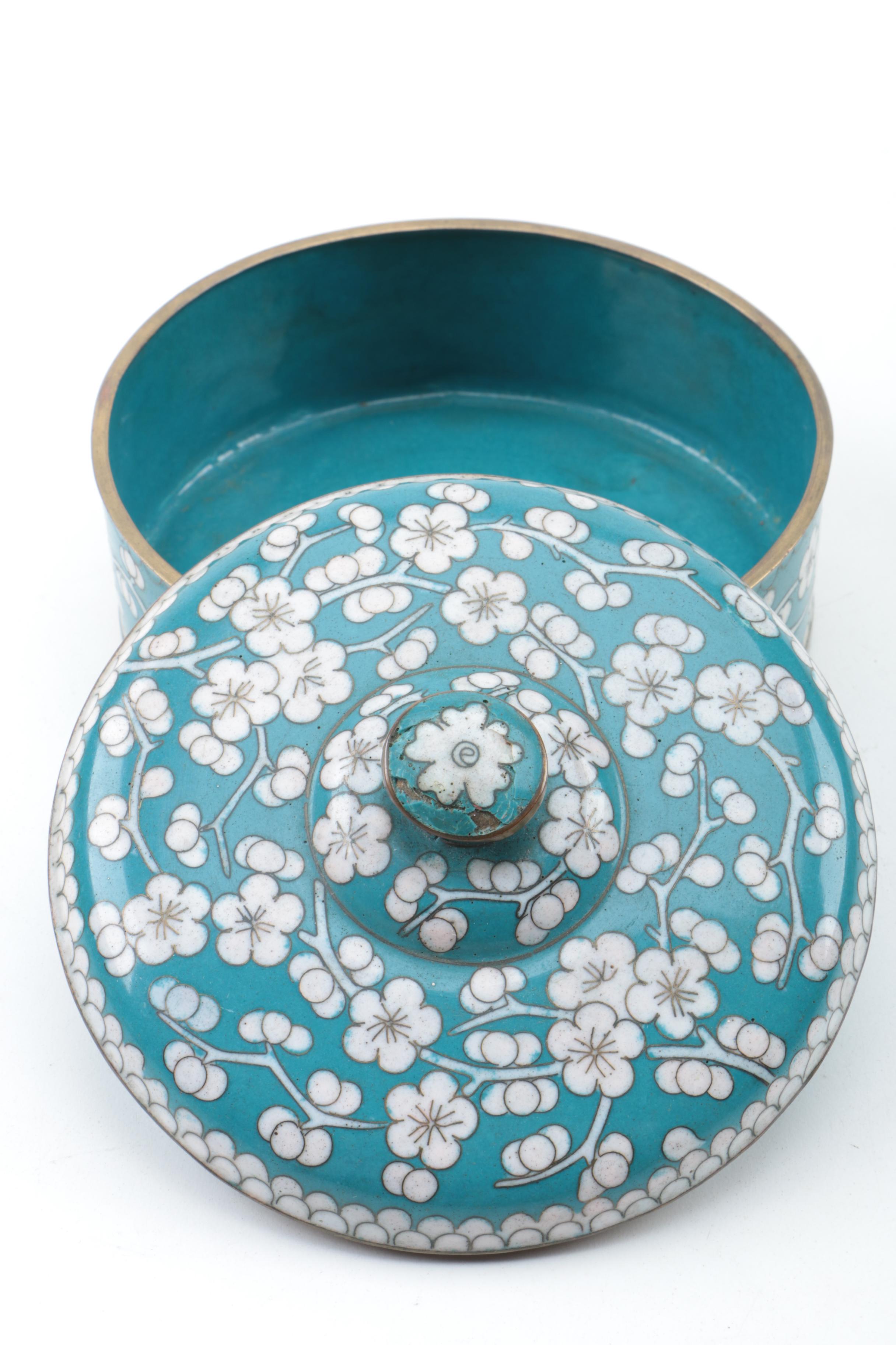 Chinese Cloisonné Covered Box, Eggs and a Cup