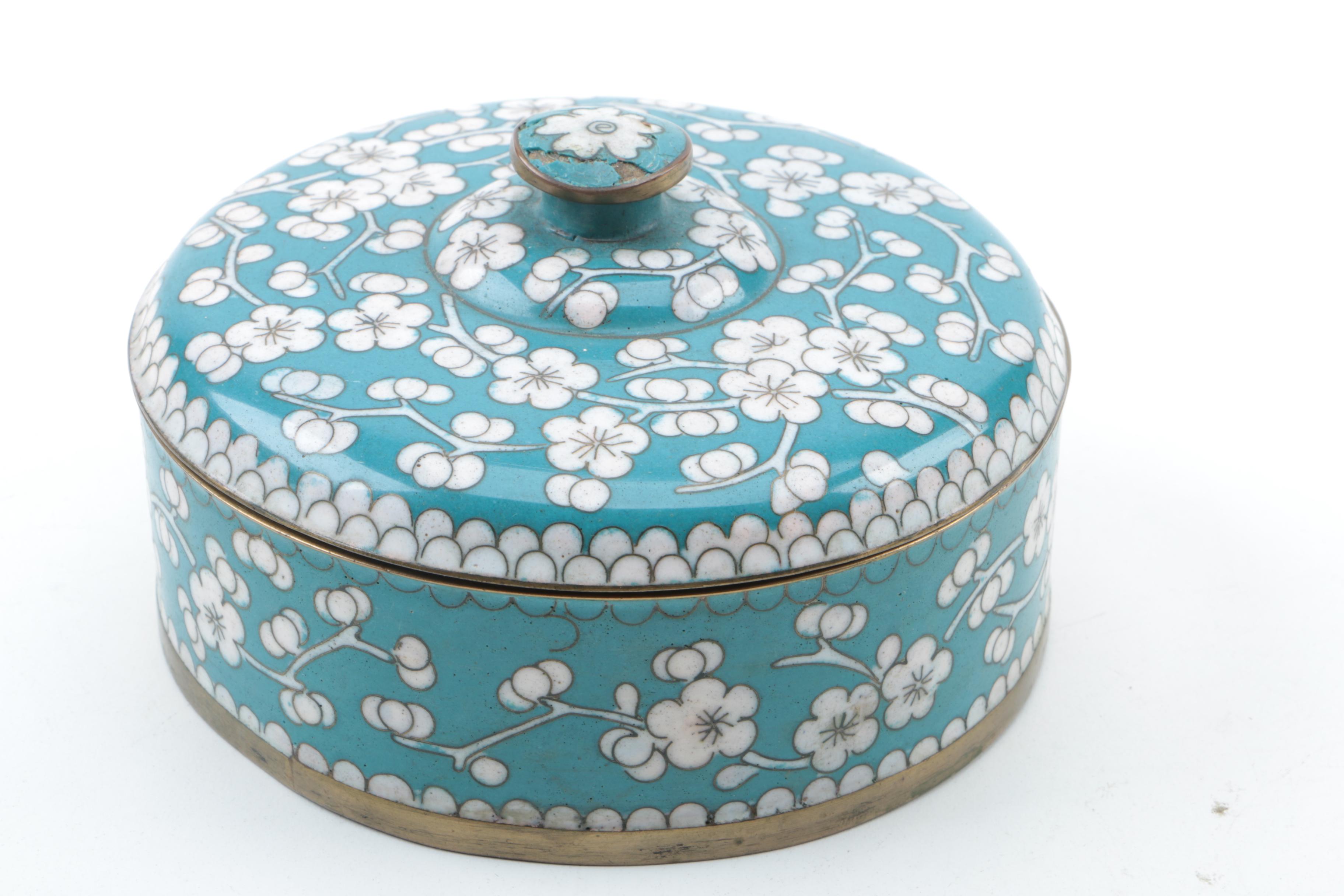 Chinese Cloisonné Covered Box, Eggs and a Cup
