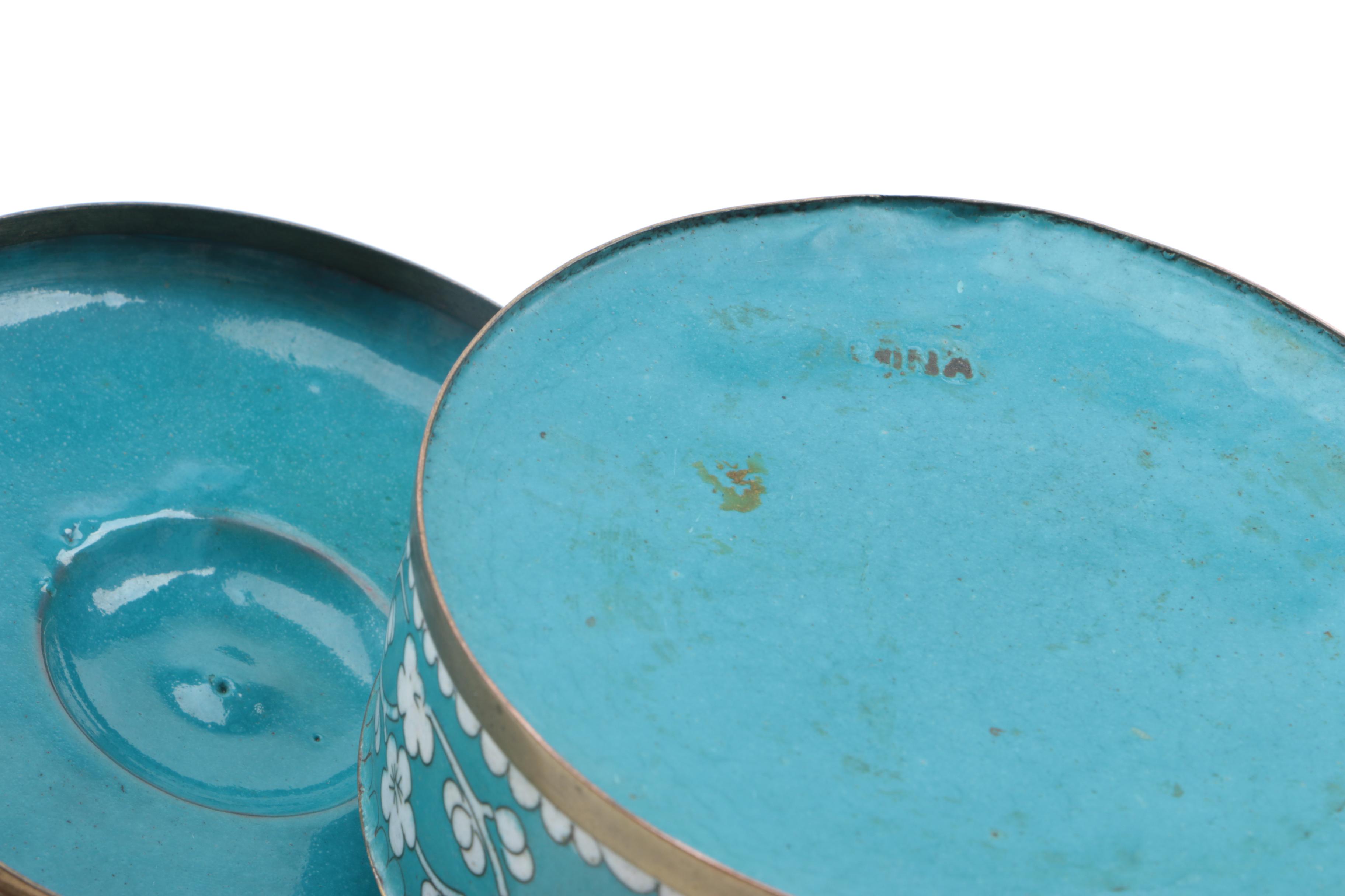 Chinese Cloisonné Covered Box, Eggs and a Cup