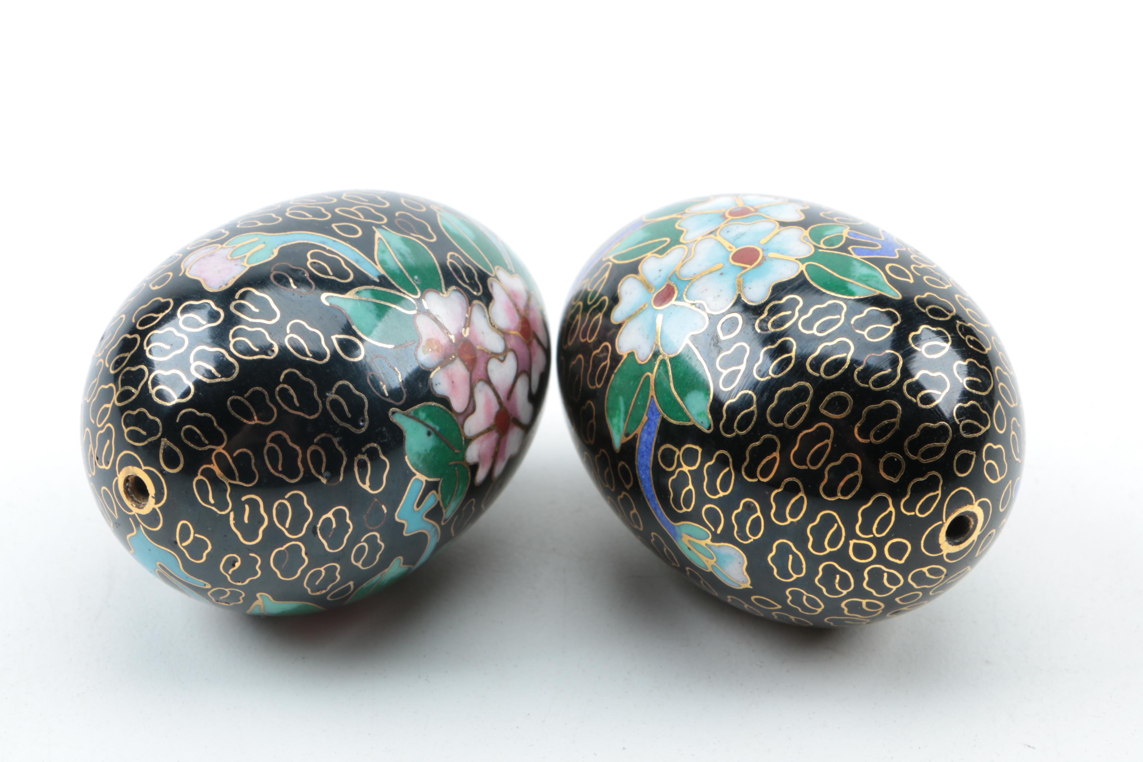 Chinese Cloisonné Covered Box, Eggs and a Cup