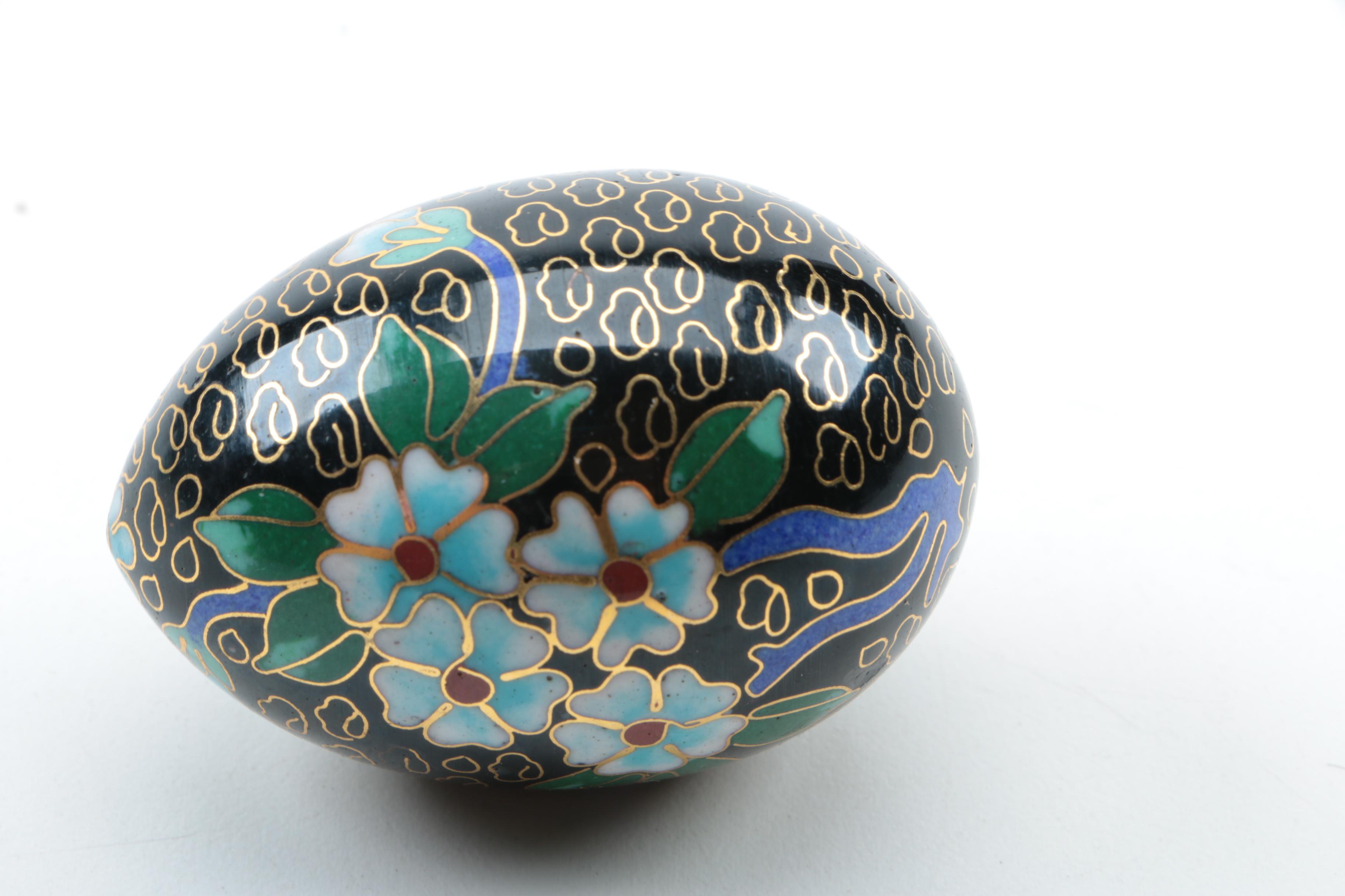 Chinese Cloisonné Covered Box, Eggs and a Cup