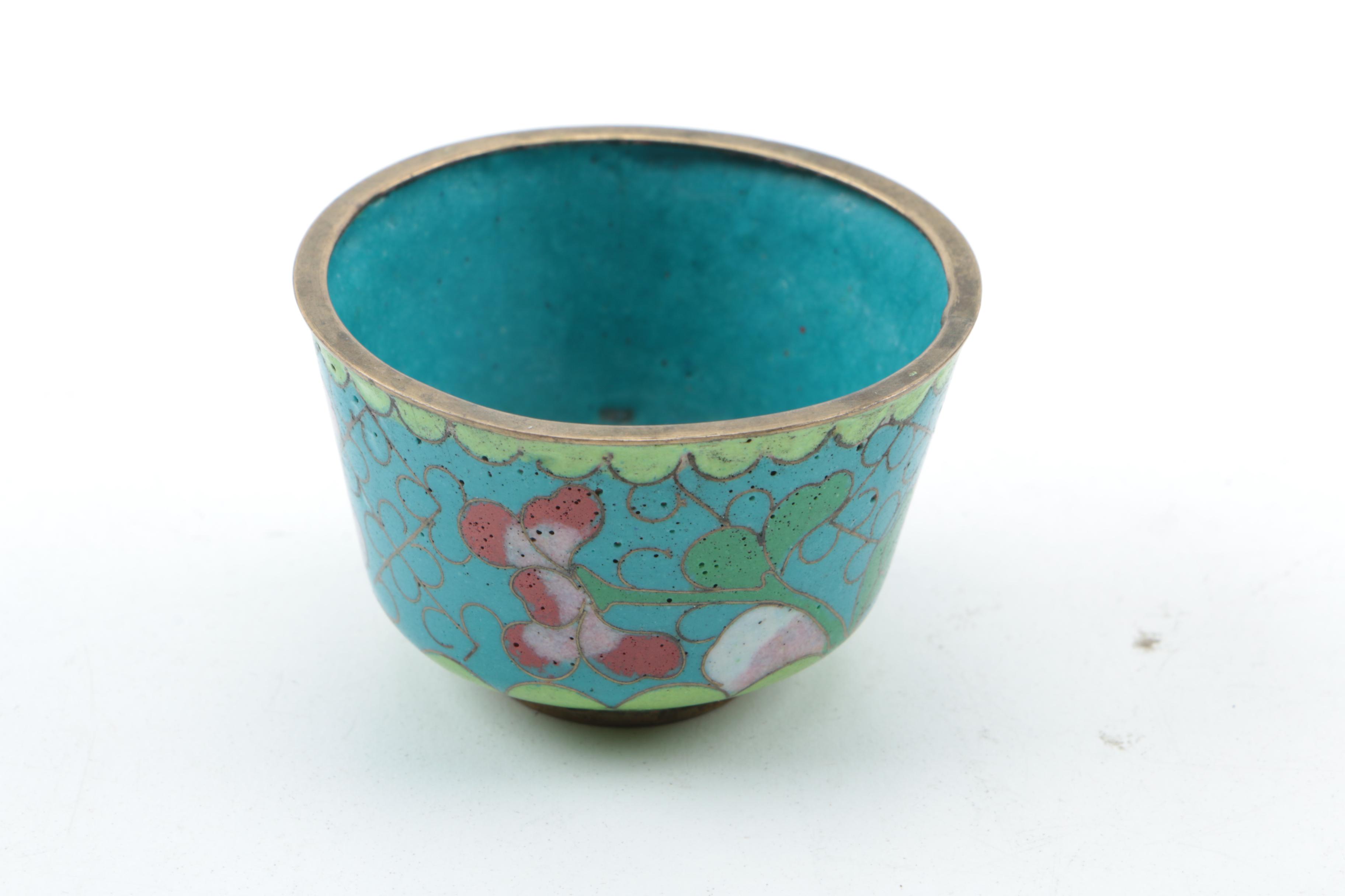 Chinese Cloisonné Covered Box, Eggs and a Cup