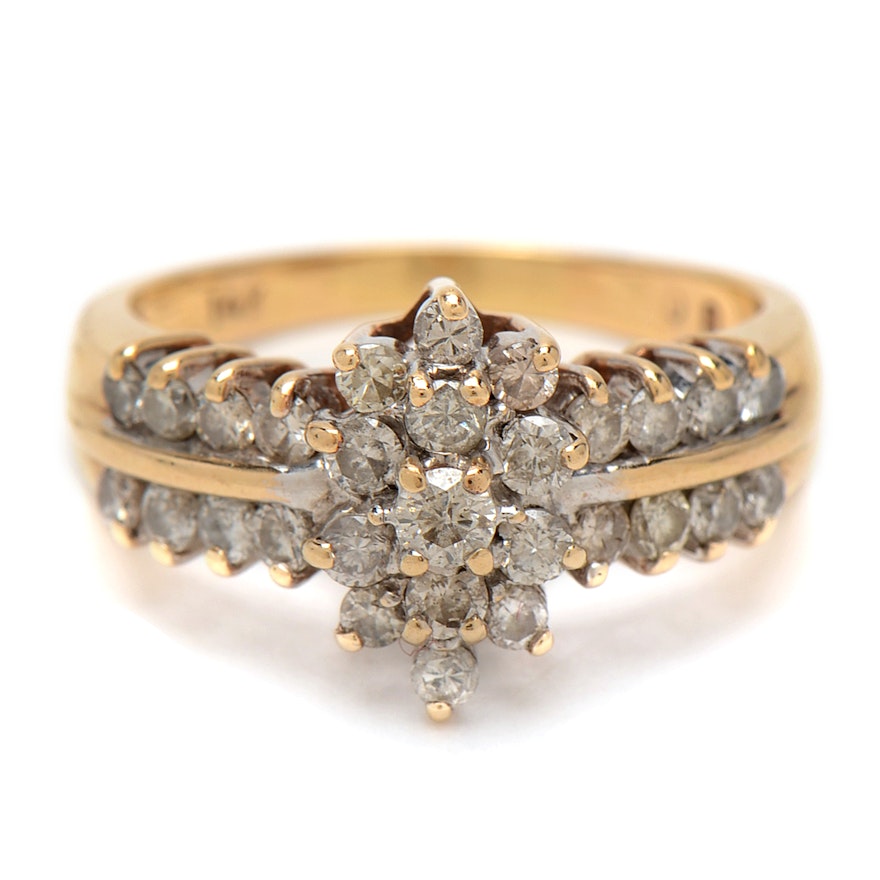 14K Yellow Gold 0.92 CTW Diamond Cluster Ring