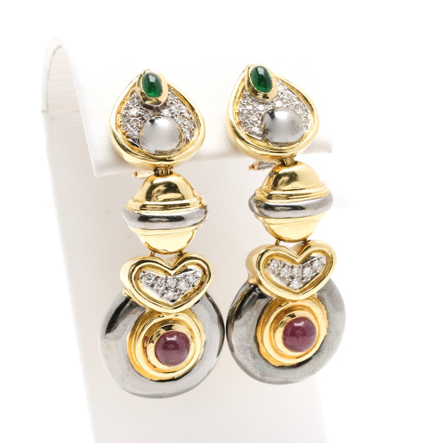 18K Yellow Gold Emerald, Ruby, and Diamond Dangle Earrings