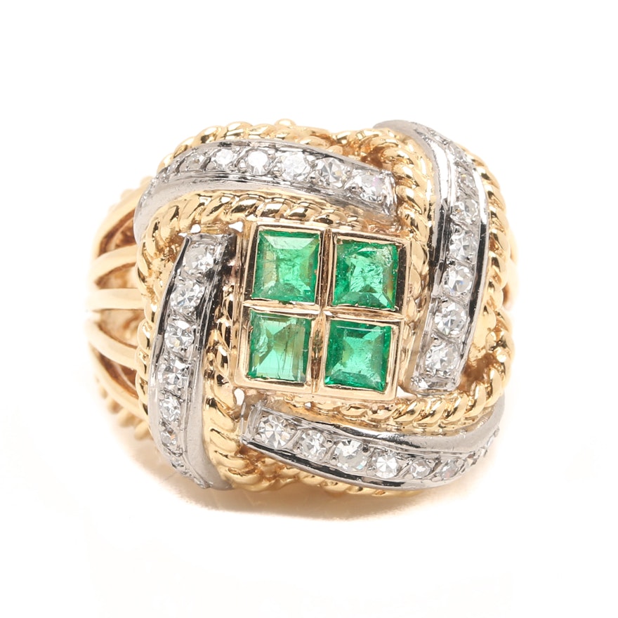 18K Yellow Gold Emerald and Diamond Ring