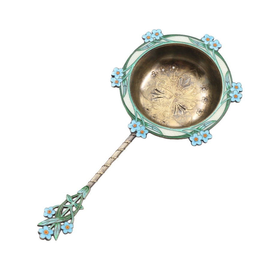 Antique Sterling Silver Tea or Punch Strainer with Enamel Detailing