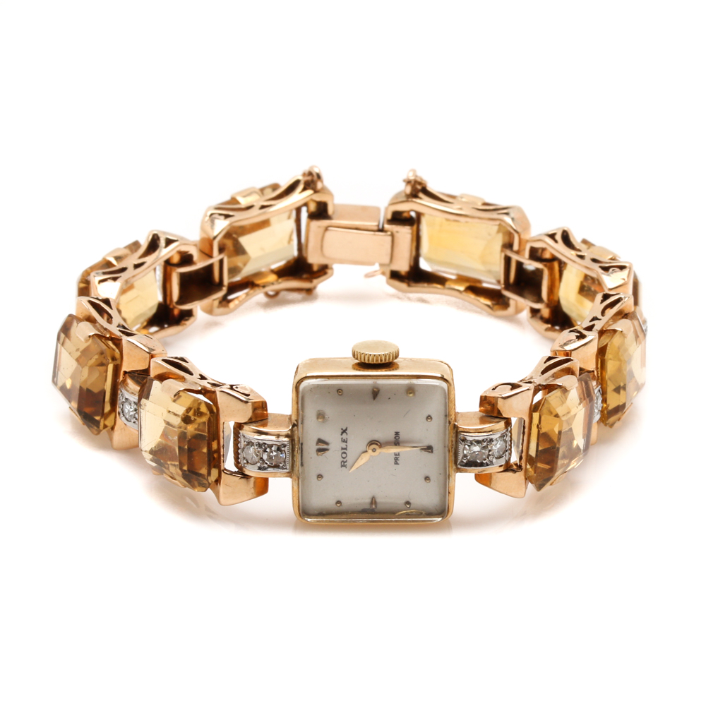 Rolex Precision 18K Yellow Gold 1.00 CTW Diamond and Citrine Watch