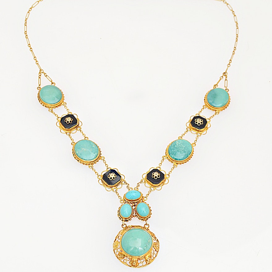 Vintage 14K Yellow Gold, Turquoise and Black Onyx Necklace