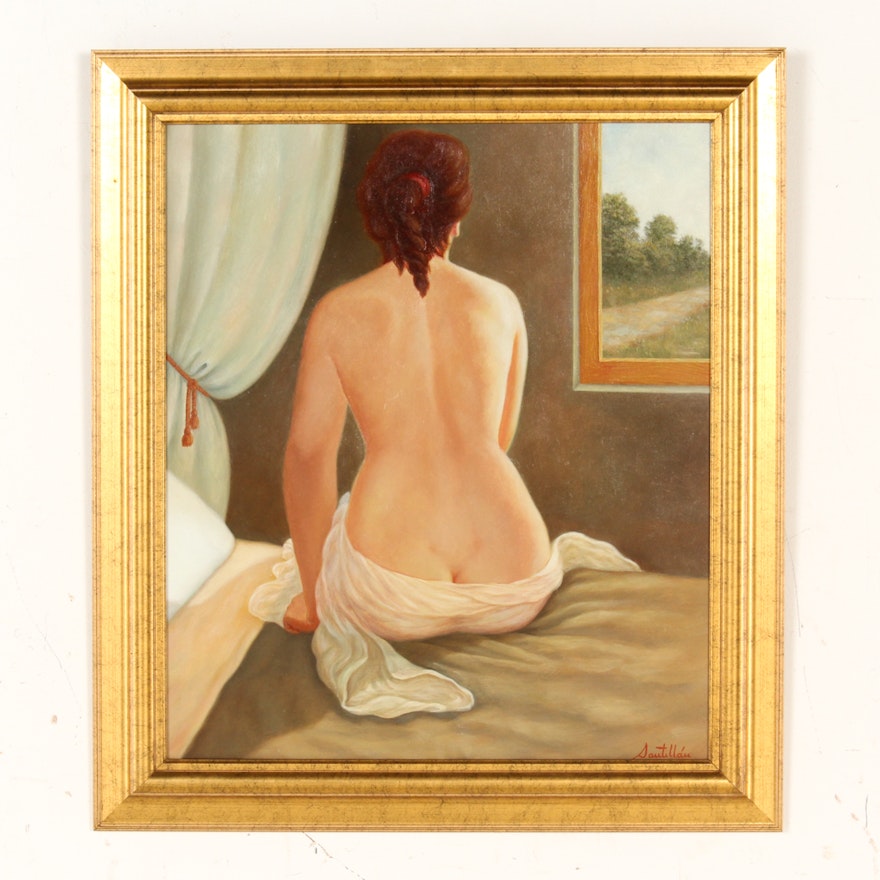 Oil on Canvas Painting of Semi-Nude Woman