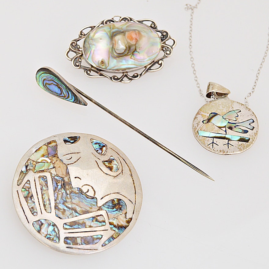 Vintage Sterling Silver and Abalone Jewelry with Mexico Taxco