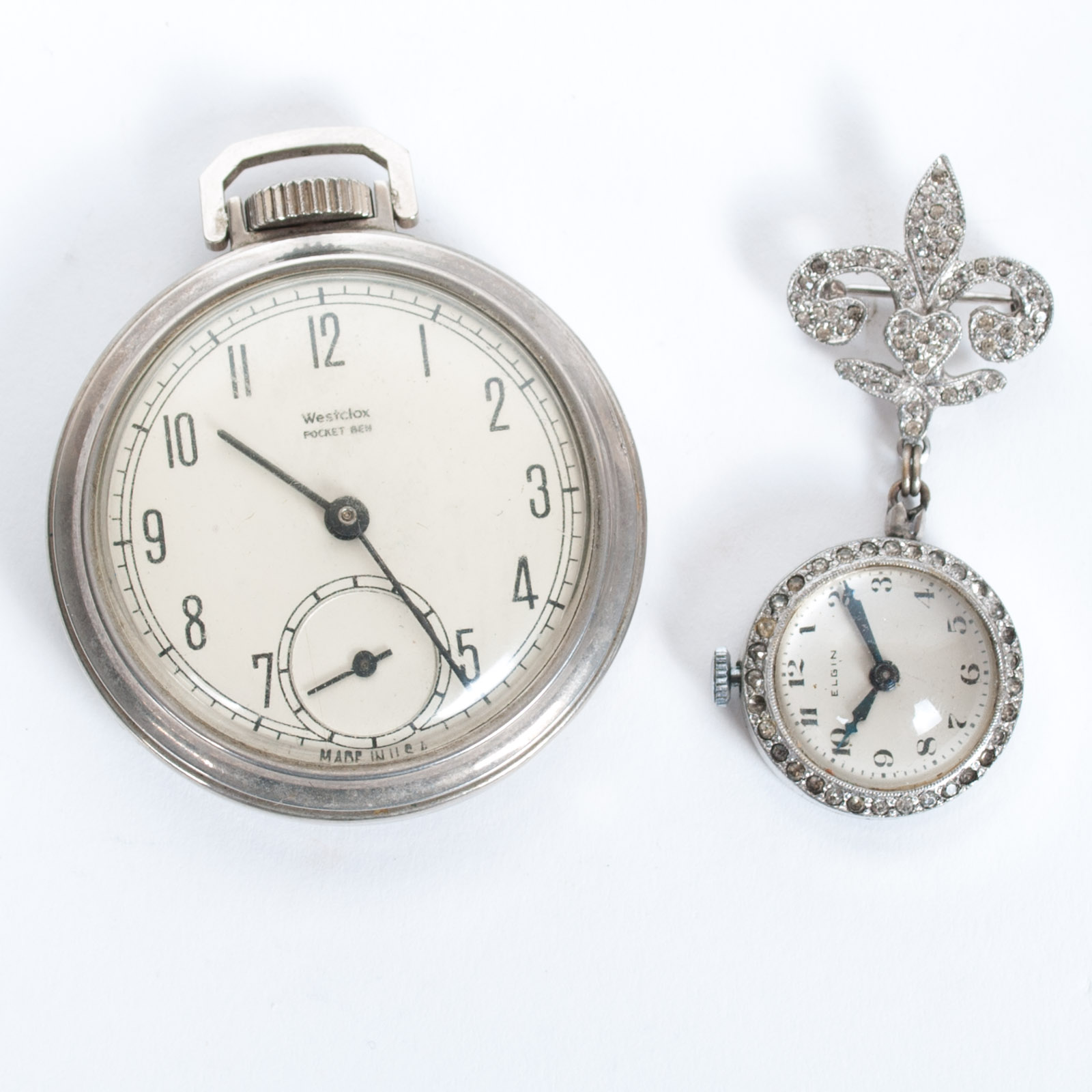 Vintage Elgin Pin Watch with Glass Crystals and Westclox Open Face Pocket Watch