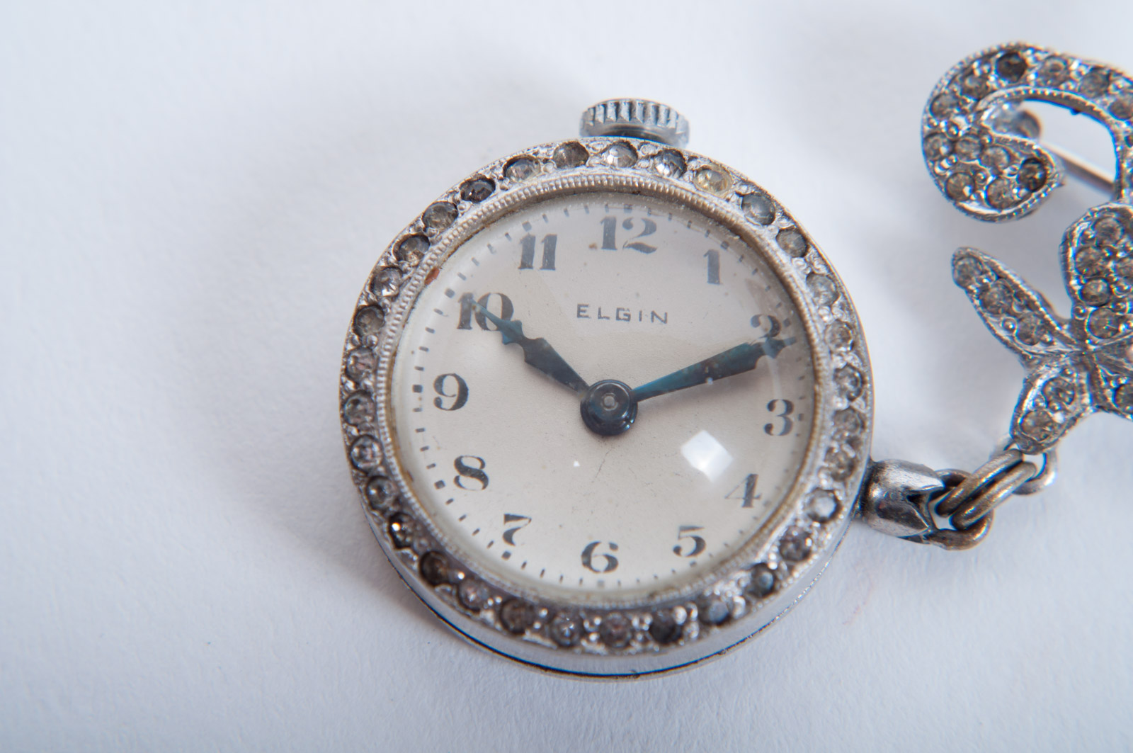 Vintage Elgin Pin Watch with Glass Crystals and Westclox Open Face Pocket Watch