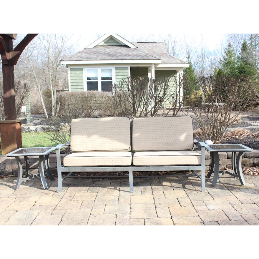 Patio Sofa and Two Glass Top Side Tables