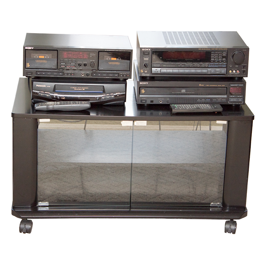 Sony Stereo Electronics, Panasonic VHS Player and Television Stand
