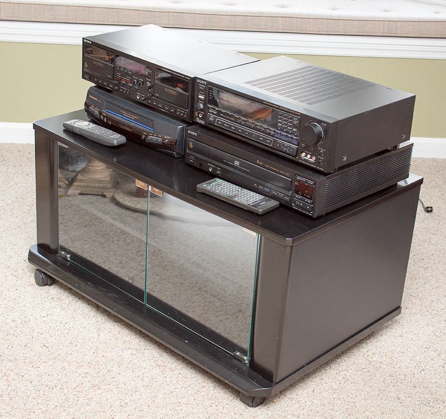 Sony Stereo Electronics, Panasonic VHS Player and Television Stand