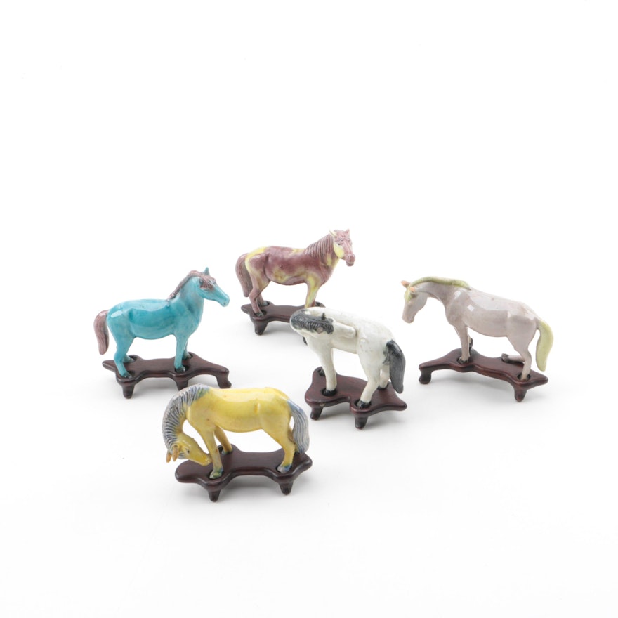 Collection of Five Hand Painted Ceramic Horses on Stands