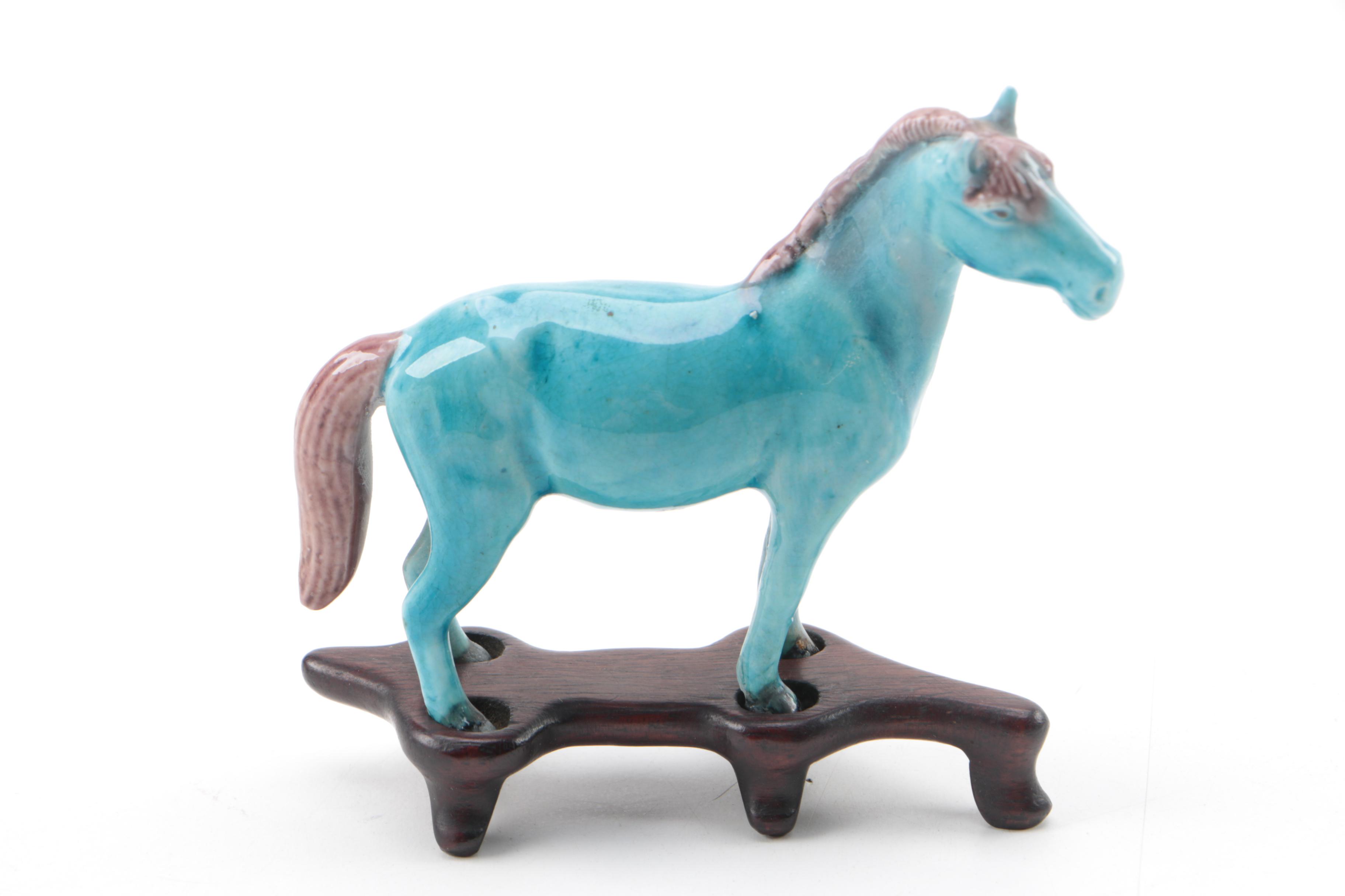 Collection of Five Hand Painted Ceramic Horses on Stands