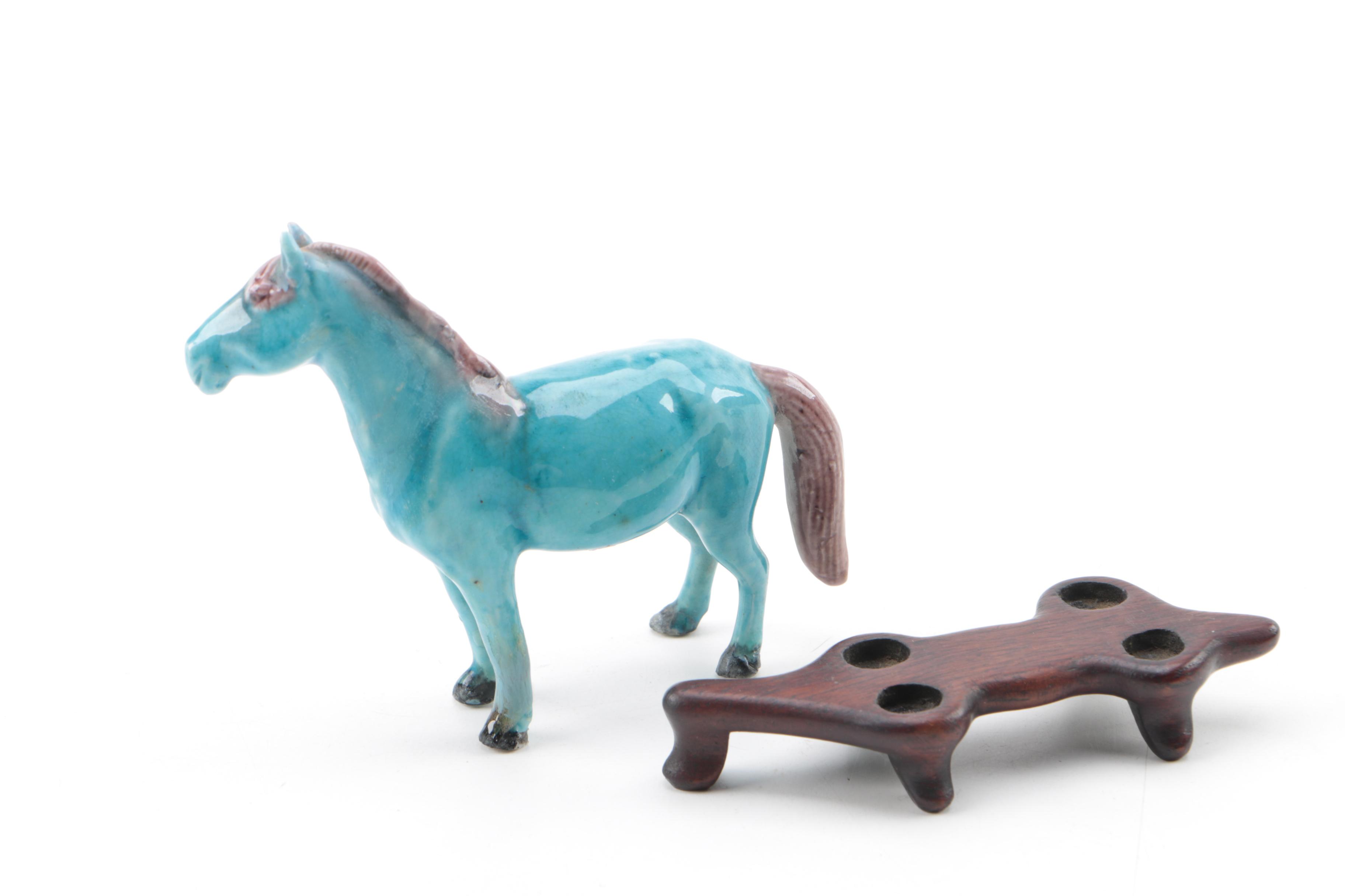 Collection of Five Hand Painted Ceramic Horses on Stands