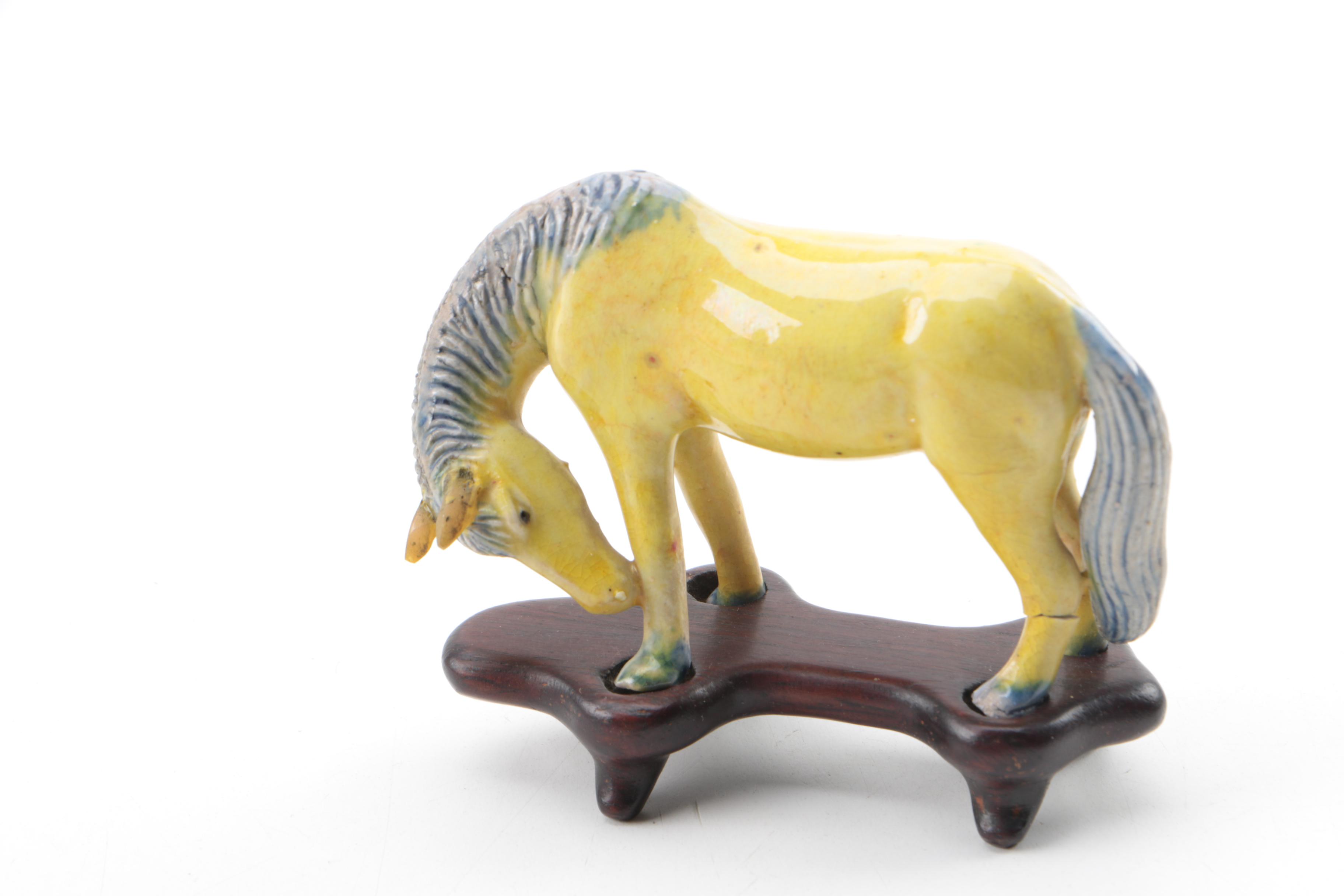 Collection of Five Hand Painted Ceramic Horses on Stands