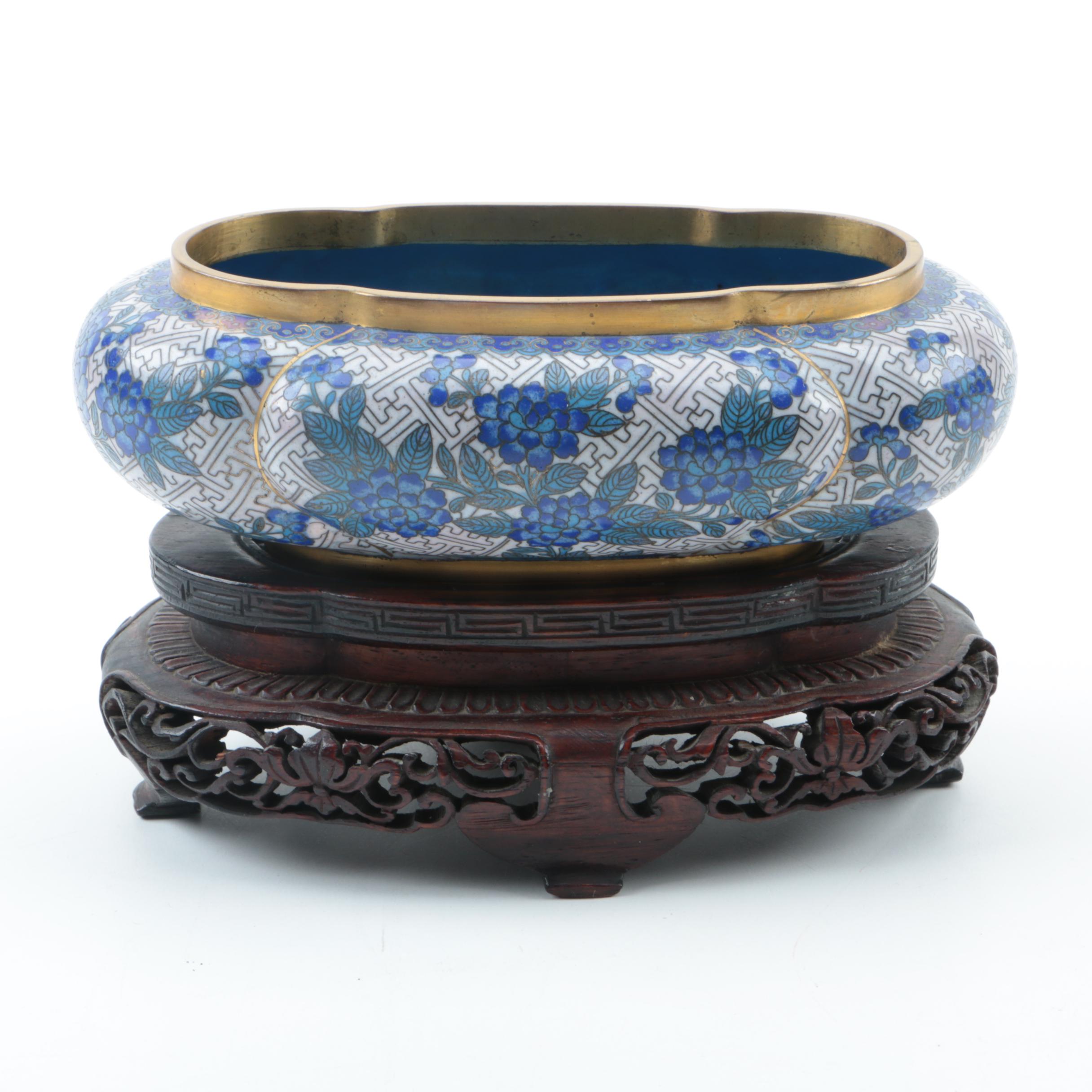 Blue Chrysanthemum Cloisonné Bowl and Wood Stand