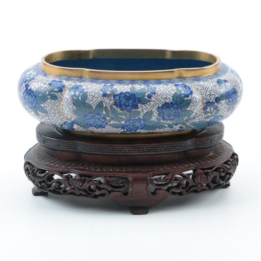 Blue Chrysanthemum Cloisonné Bowl and Wood Stand